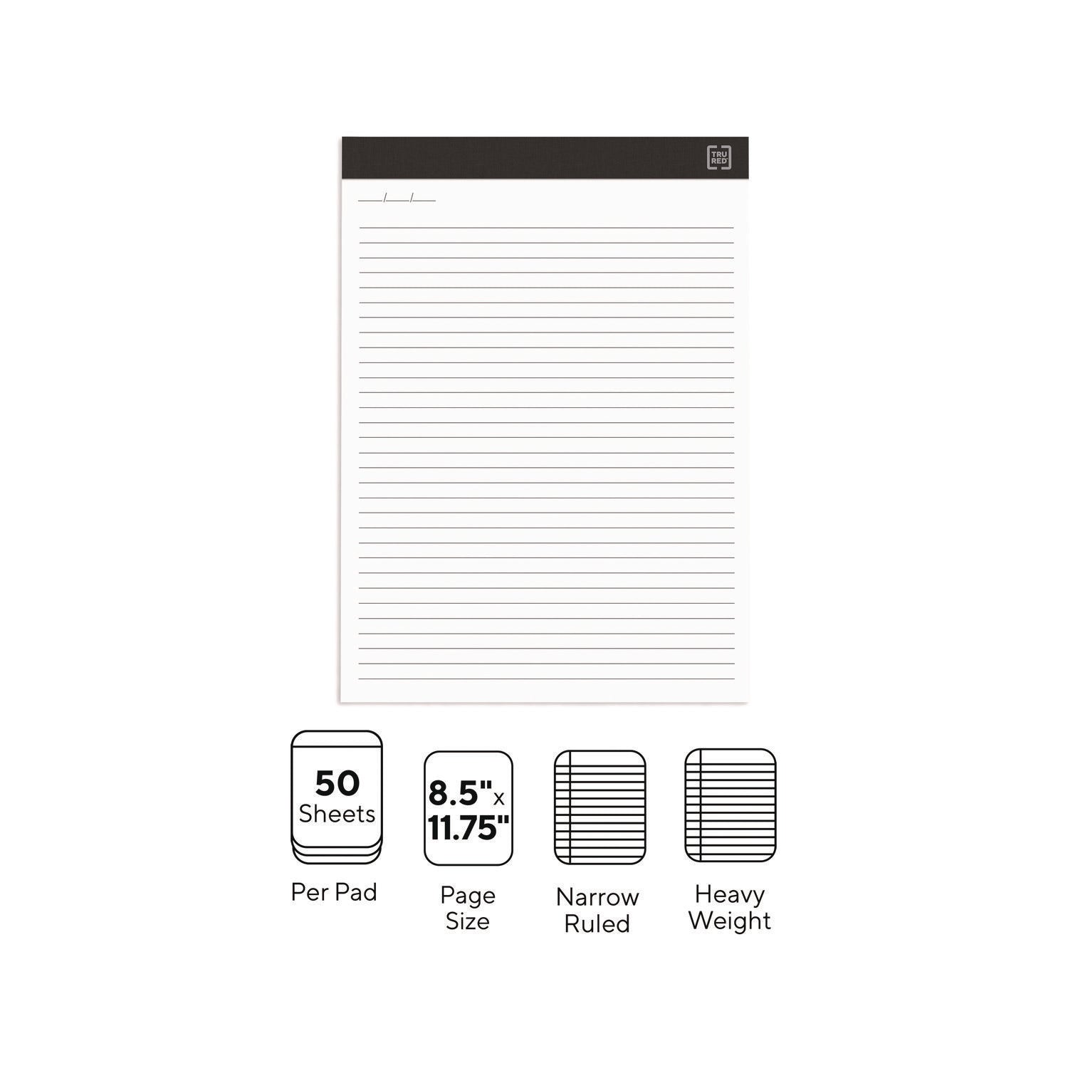 Notepads, Narrow Rule, 50 White 8.5 x 11.75 Sheets, 6/Pack