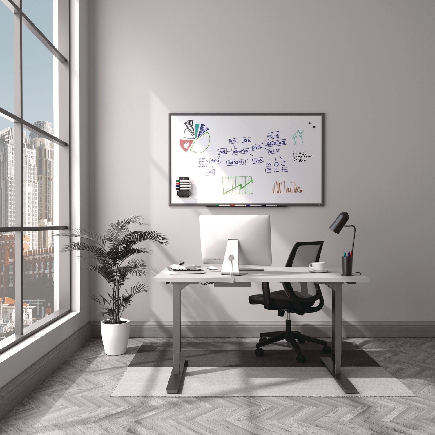 Magnetic Porcelain Dry Erase Board, 60" x 36", White Surface, Gray/Natural Aluminum Frame