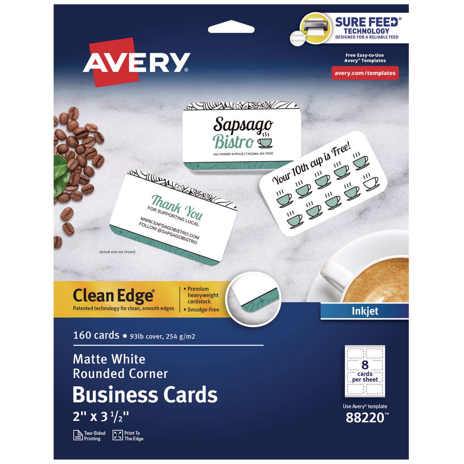Round Corner Print-To-The-Edge Business Cards, Inkjet, 2 X 3.5, White, 160 Cards, 8 Cards/sheet, 20 Sheets/pack