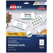 Round Corner Print-To-The-Edge Business Cards, Inkjet, 2 X 3.5, White, 160 Cards, 8 Cards/sheet, 20 Sheets/pack