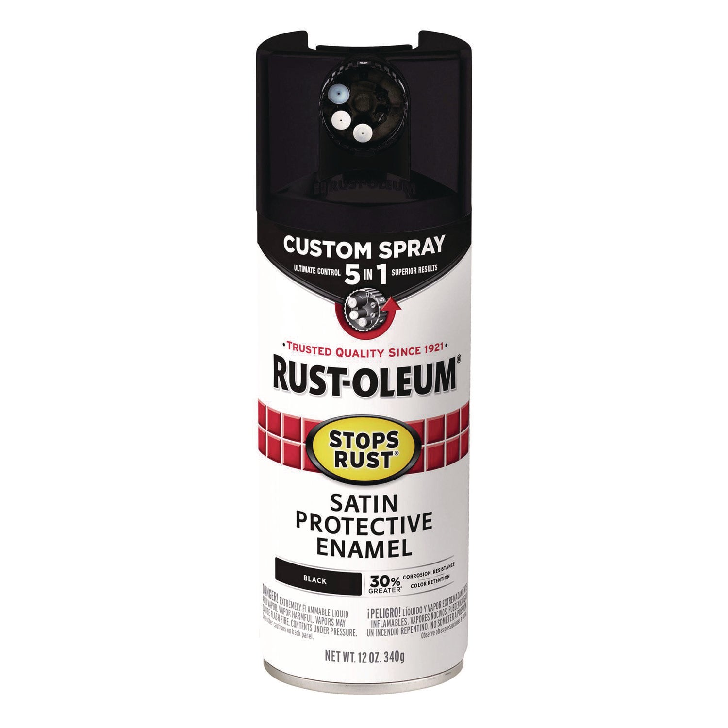 Stops Rust 5-in-1 Spray Paint, Satin Black, 12 oz Aerosol Can, 6/Carton