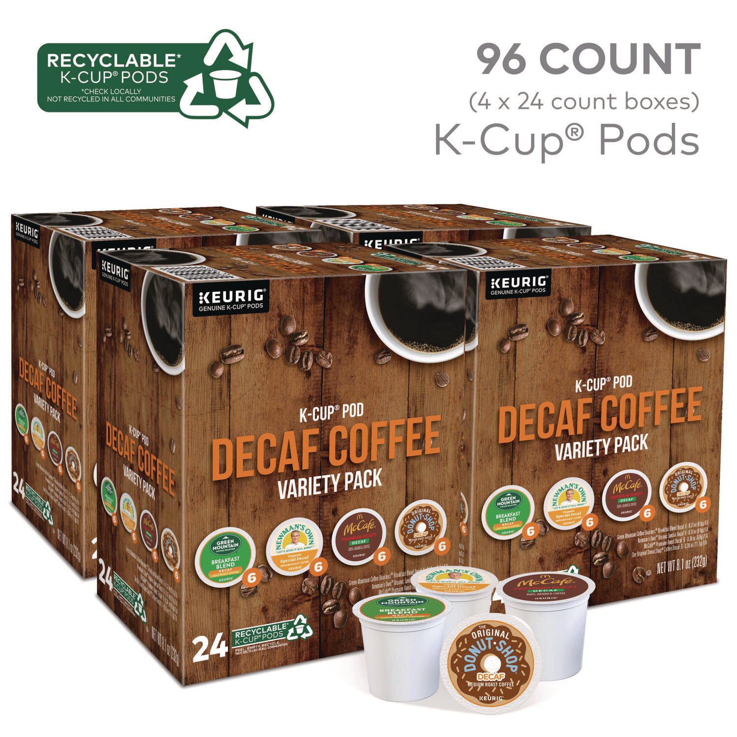 Decaf Variety Coffee K-Cups, Assorted Flavors, 96/Carton