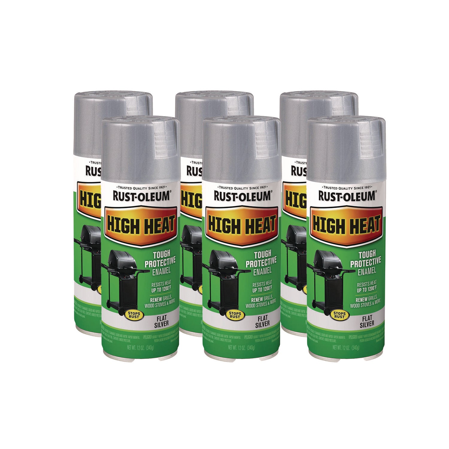 High Heat Enamel Spray Paint, Flat Silver, 12 oz Aerosol Can, 6/Carton