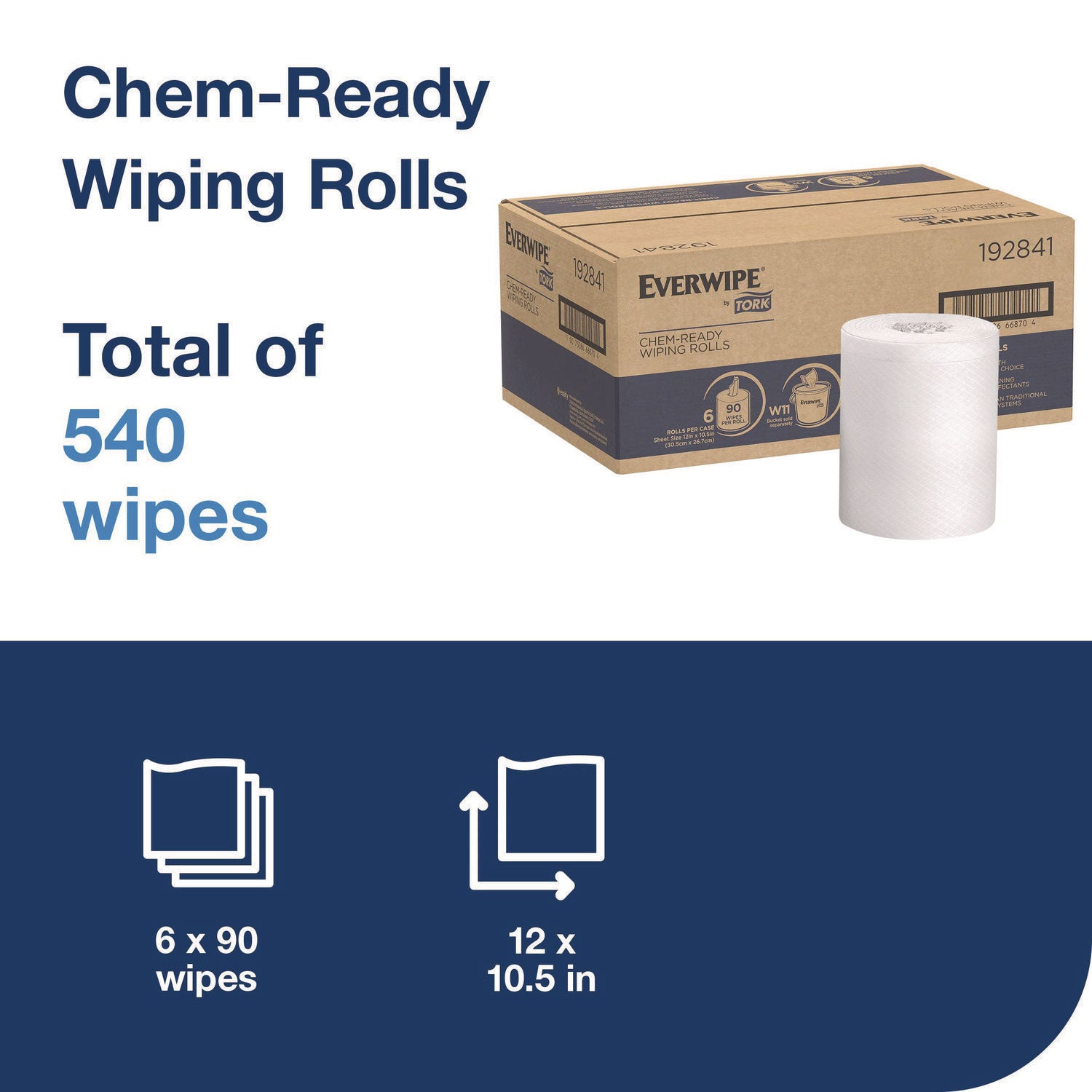 Chem-Ready Wiping Rolls, 1-Ply, 12 x 12, White, 90 Sheets, 6 Rolls/Carton