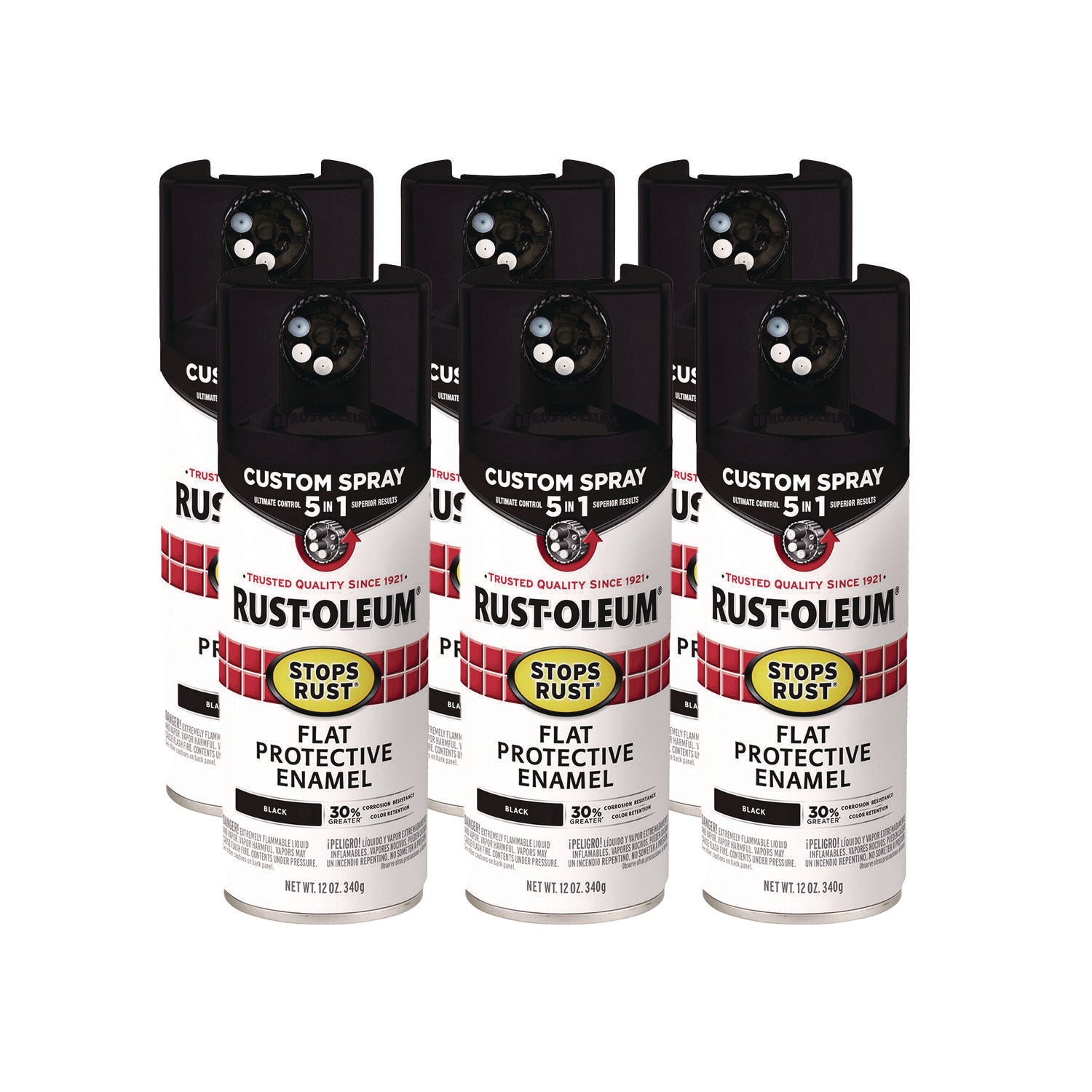 Stops Rust 5-in-1 Spray Paint, Flat Black, 12 oz Aerosol Can, 6/Carton