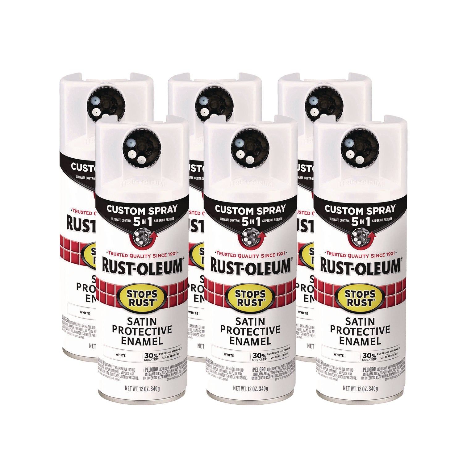Stops Rust 5-in-1 Spray Paint, Satin White, 12 oz Aerosol Can, 6/Carton