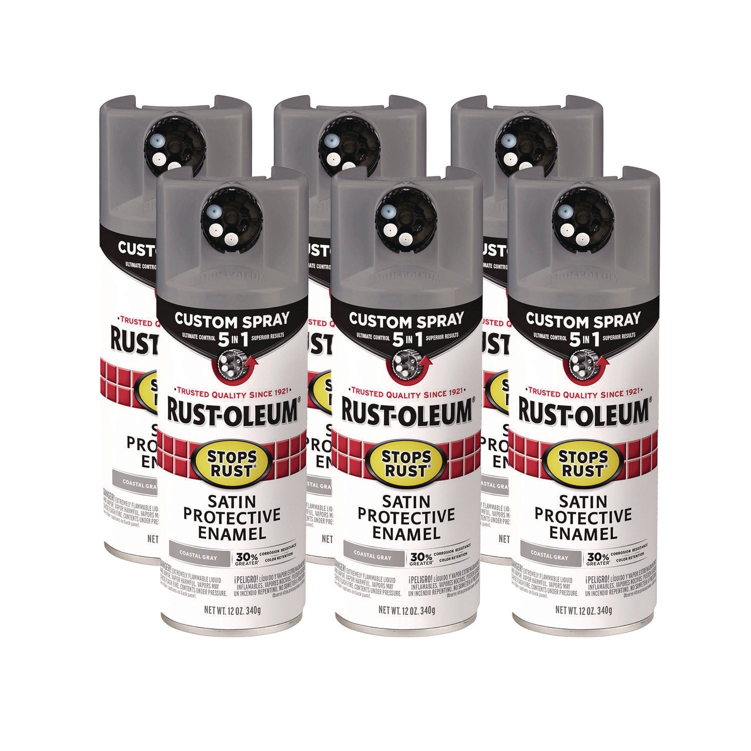 Stops Rust 5-in-1 Spray Paint, Satin Coastal Gray, 12 oz Aerosol Can, 6/Carton