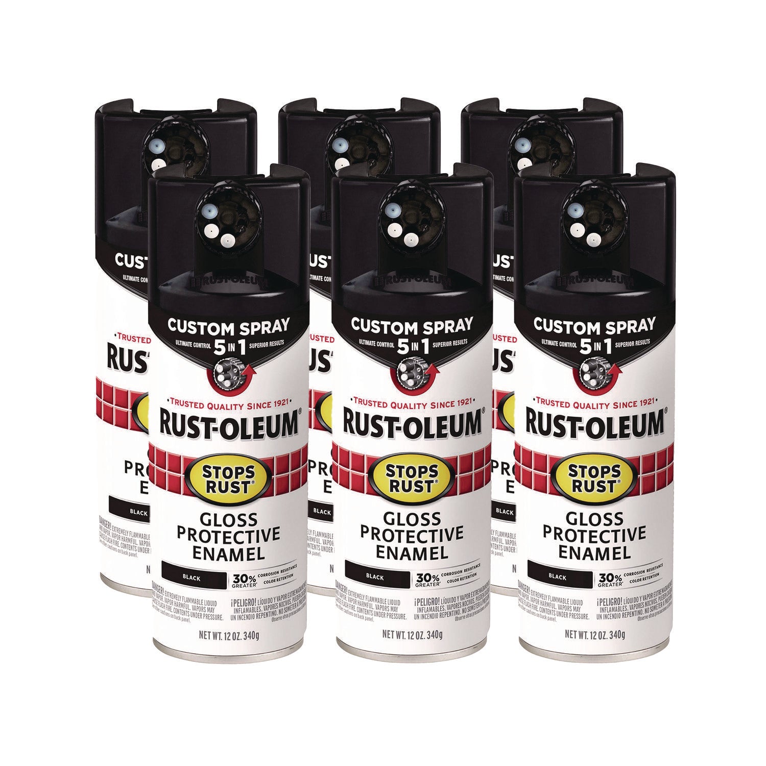 Stops Rust 5-in-1 Spray Paint, Gloss Black, 12 oz Aerosol Can, 6/Carton