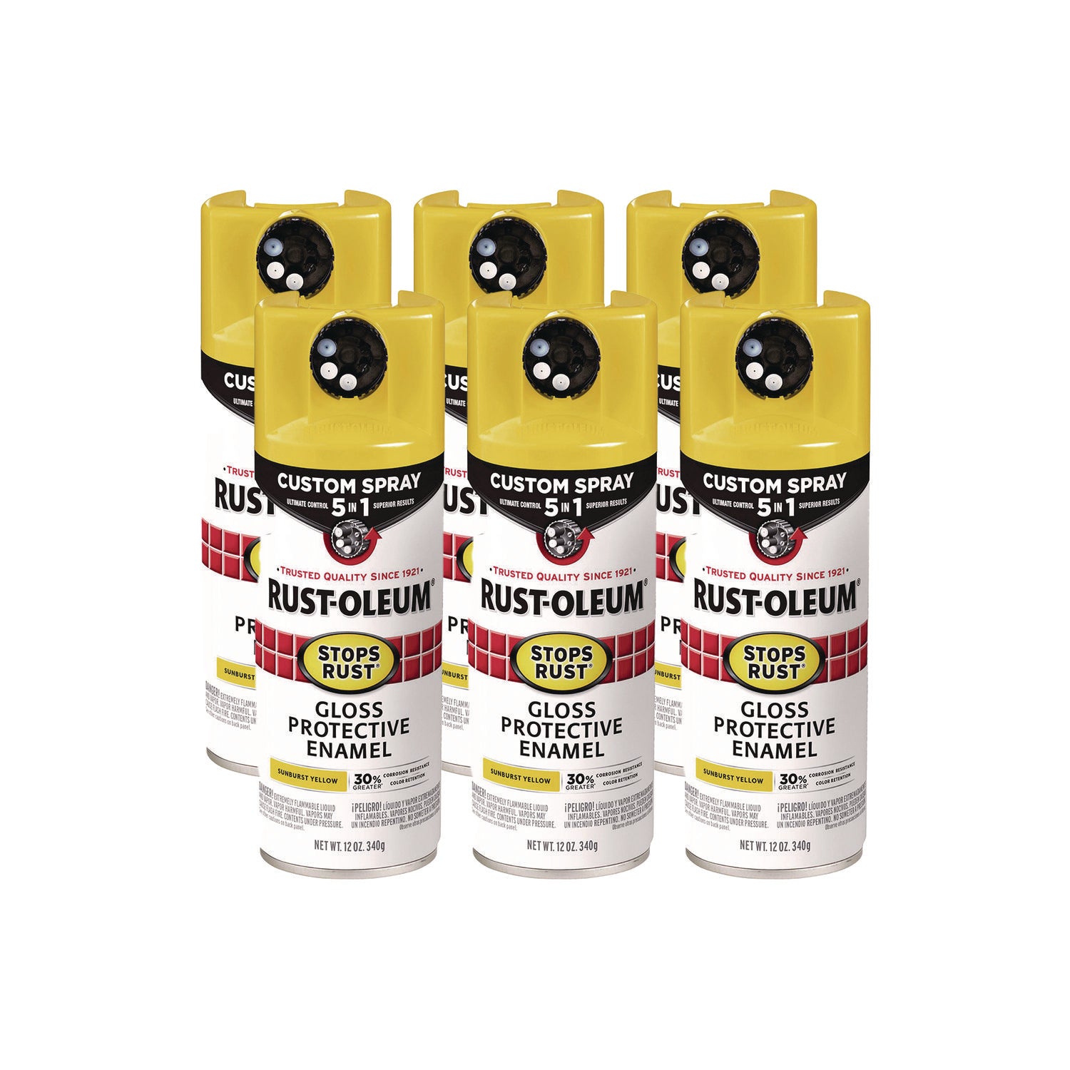 Stops Rust 5-in-1 Spray Paint, Gloss Sunburst Yellow, 12 oz Aerosol Can, 6/Carton