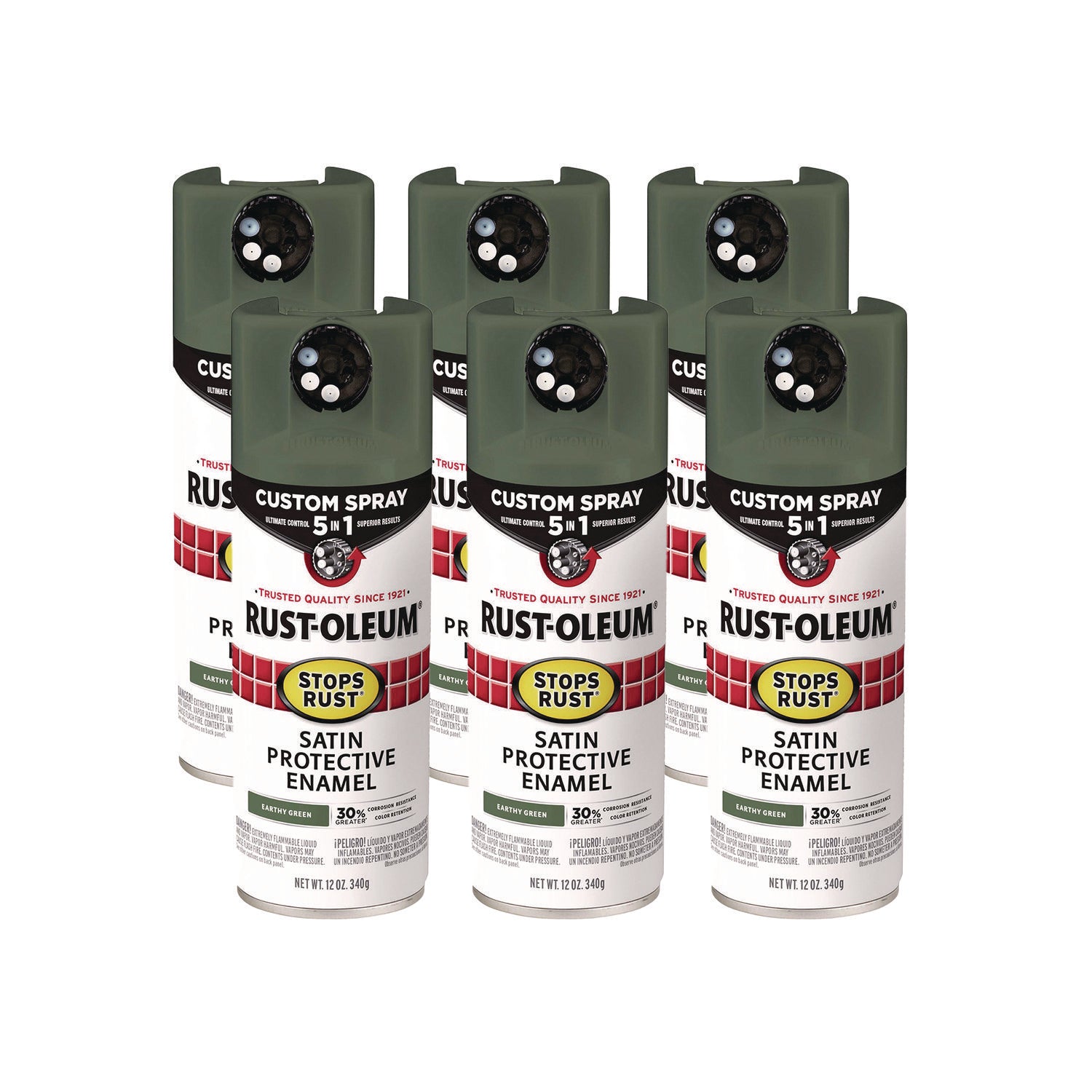 Stops Rust 5-in-1 Spray Paint, Satin Earthy Green, 12 oz Aerosol Can, 6/Carton