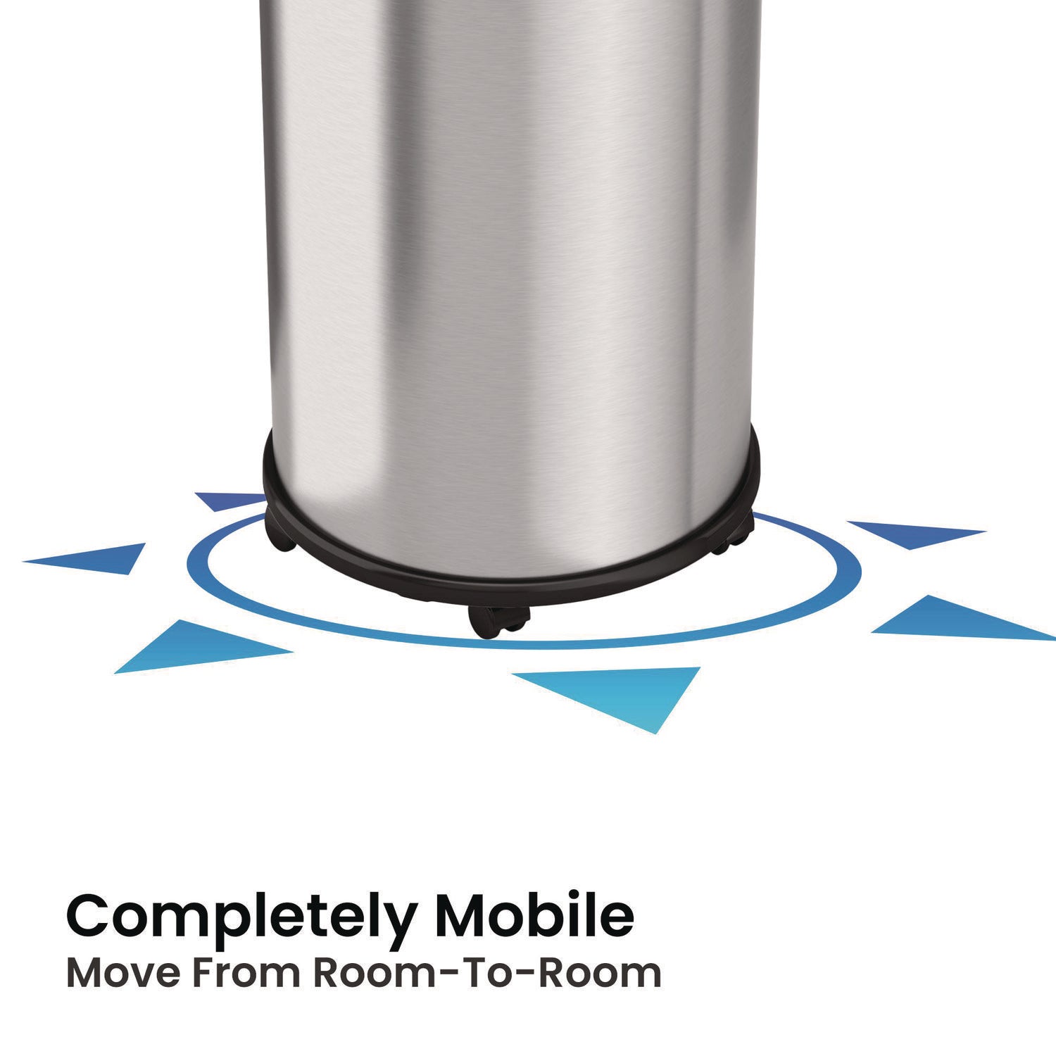 Open Top Trash Can with Wheels, Round, 16 gal, Plastic/Stainless Steel, Silver