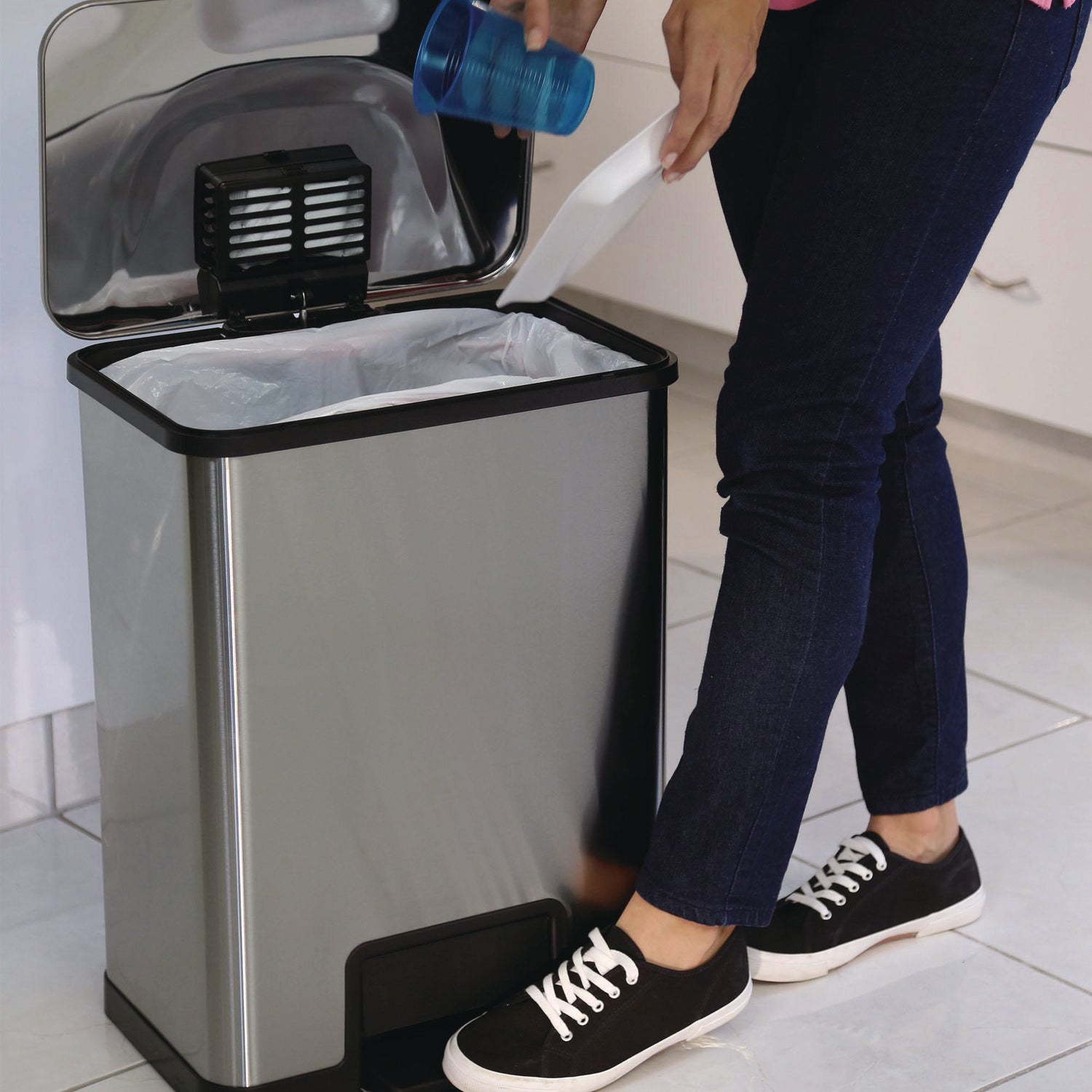 Step Pedal Trash Can with AirStep Technology, 13 gal, Plastic/Stainless Steel, Silver