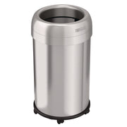 Open Top Trash Can with Wheels, Round, 13 gal, Plastic/Stainless Steel, Silver
