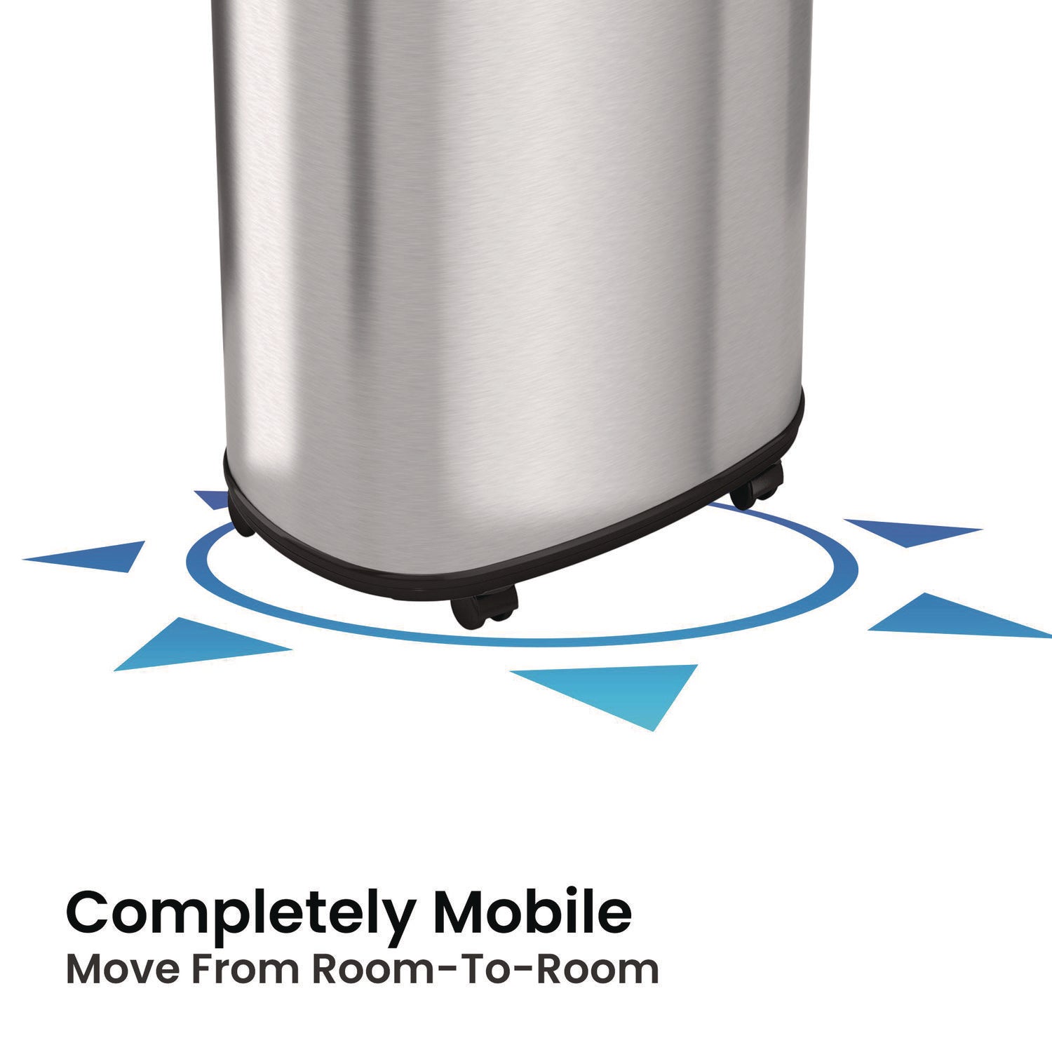 Open Top Trash Can with Wheels, Oval, 13 gal, Plastic/Stainless Steel, Silver