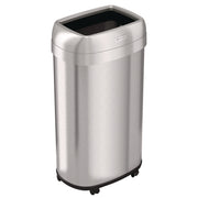 Open Top Trash Can with Wheels, Oval, 16 gal, Plastic/Stainless Steel, Silver