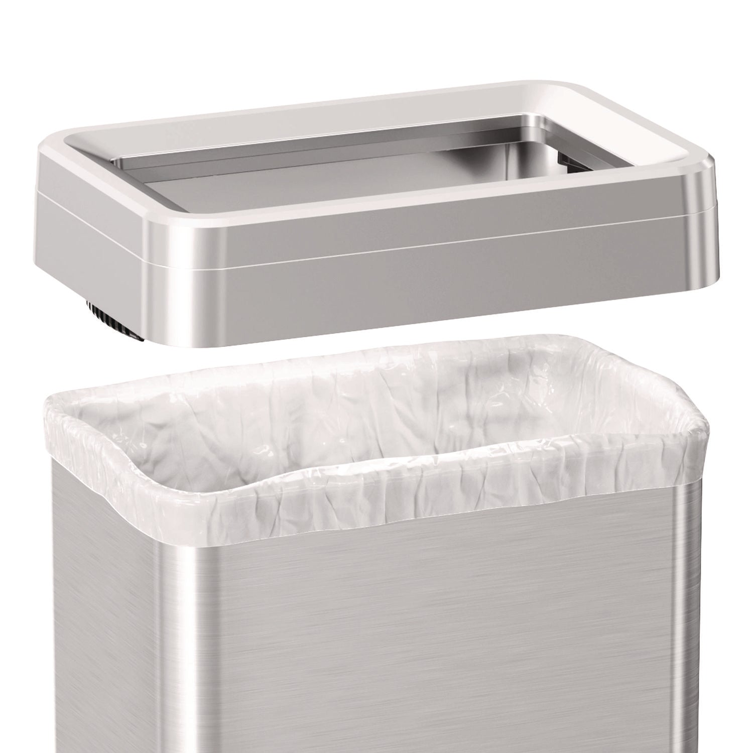 Open Top Trash Can with Wheels, Rectangular, 16 gal, Plastic/Stainless Steel, Silver
