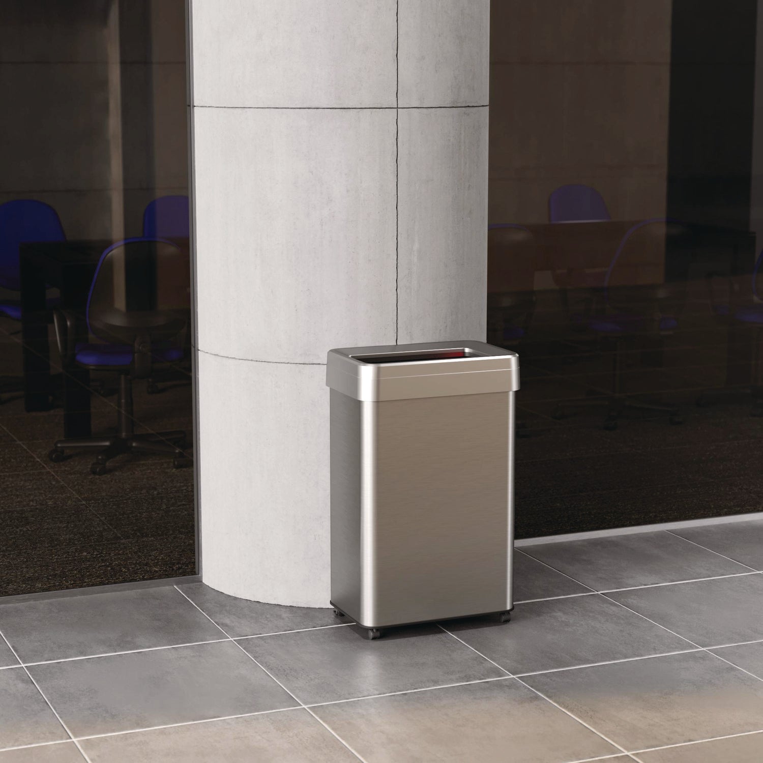 Open Top Trash Can with Wheels, Rectangular, 16 gal, Plastic/Stainless Steel, Silver