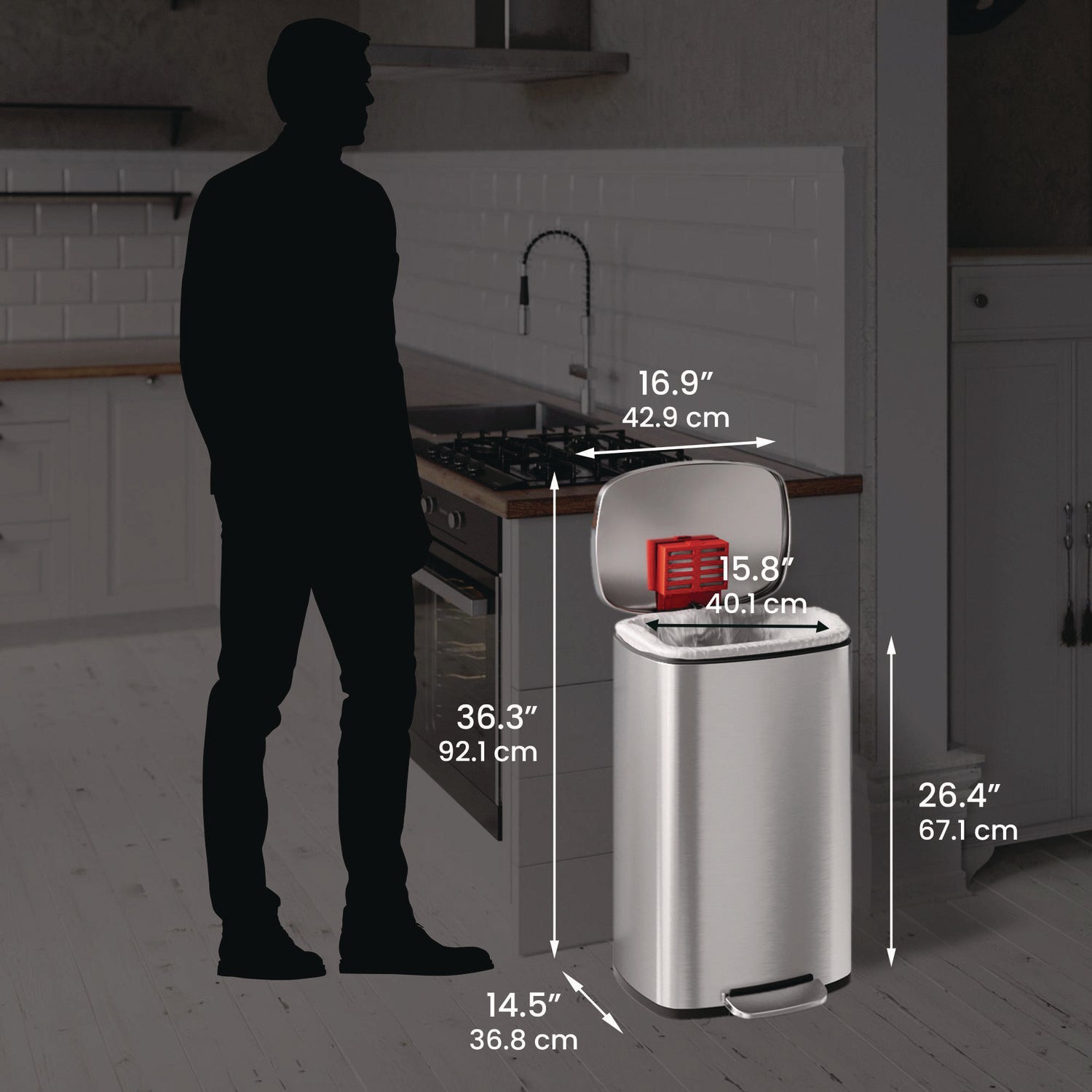 Step Pedal Trash Can, 13 gal, Plastic/Stainless Steel, Silver