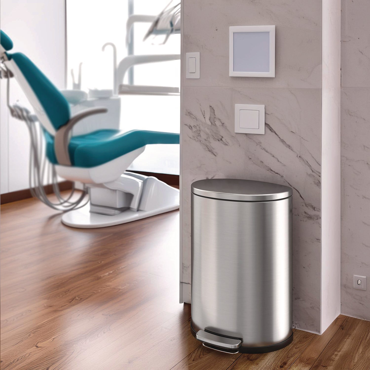 Step Pedal Trash Can, 13 gal, Half-Round Plastic/Stainless Steel, Silver