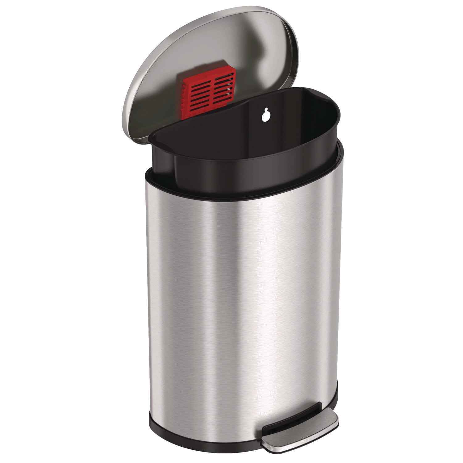 Step Pedal Trash Can, 13 gal, Half-Round Plastic/Stainless Steel, Silver