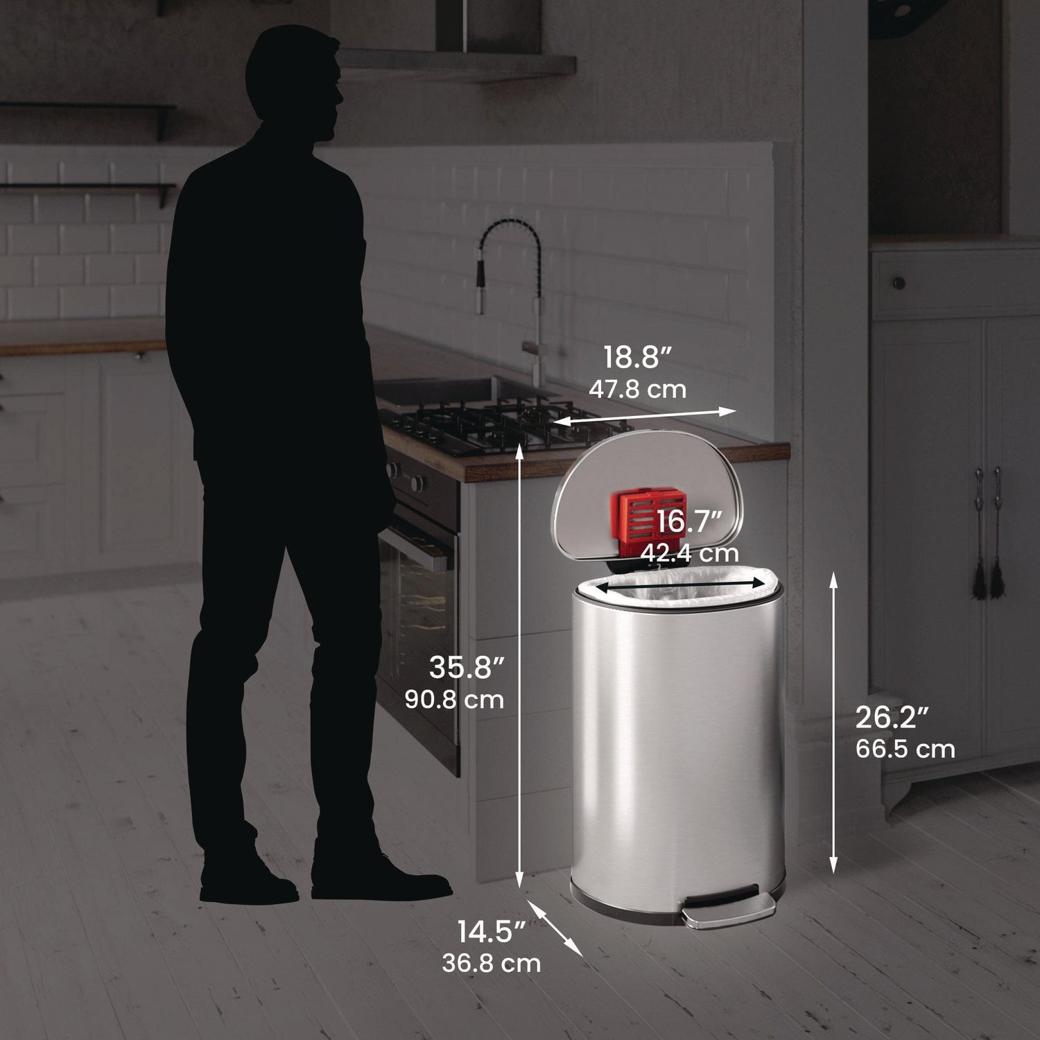 Step Pedal Trash Can, 13 gal, Half-Round Plastic/Stainless Steel, Silver