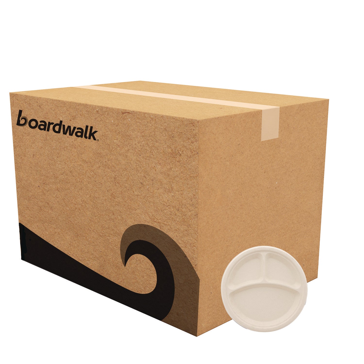 Bagasse PFAS-Free Dinnerware, 3-Compartment Plate, Sugarcane, 10" dia, Tan, 500/Carton