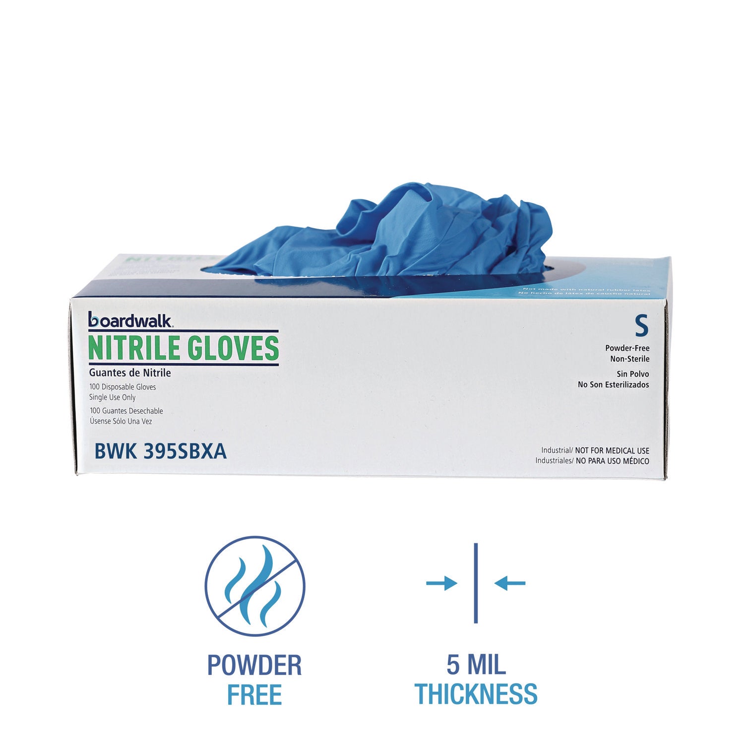 Disposable Powder-Free Nitrile Gloves, Small, Blue, 5 mil, 100/Box, 10 Boxes/Carton