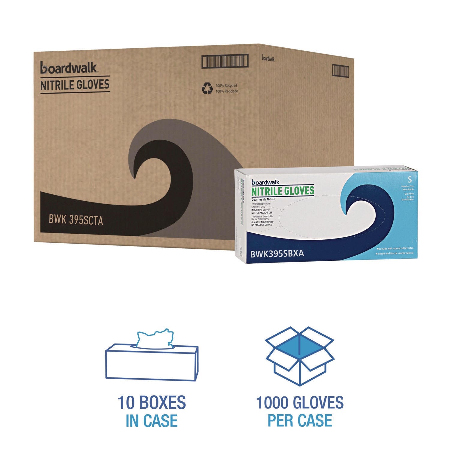 Disposable Powder-Free Nitrile Gloves, Small, Blue, 5 mil, 100/Box, 10 Boxes/Carton
