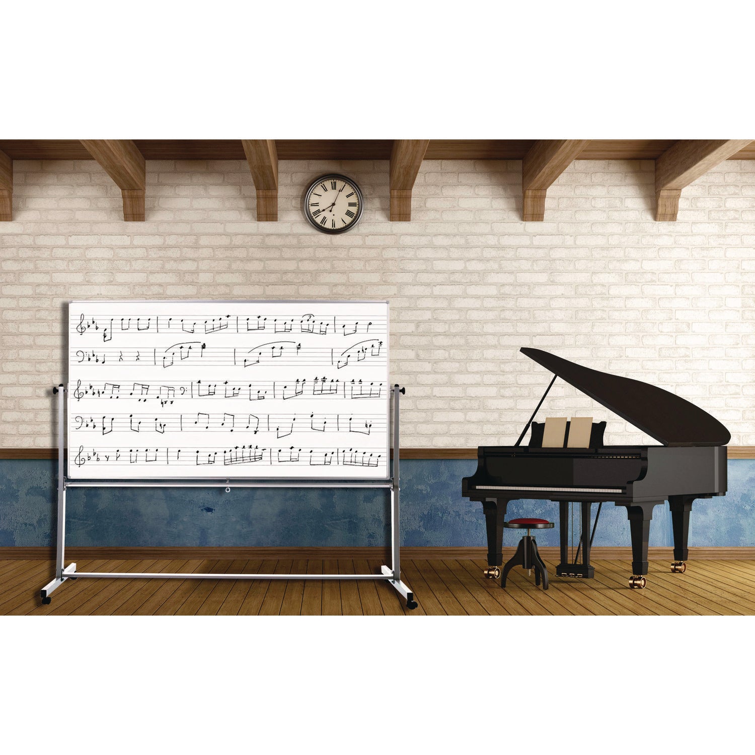 Mobile Music Staff Whiteboard, Dual-Sided Music Notation, 72" X 48", White Surface, Silver Aluminum Frame