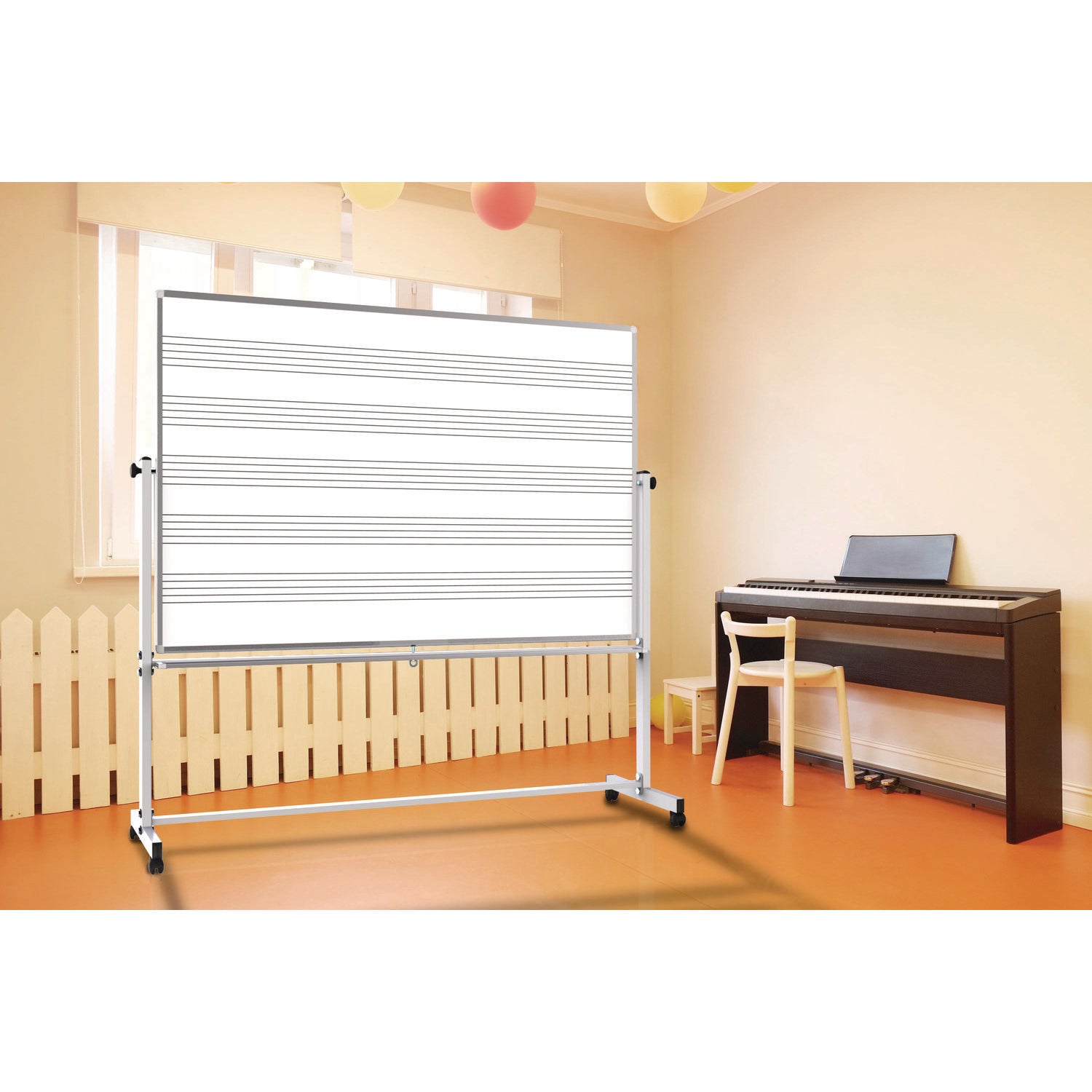 Mobile Music Staff Whiteboard, Dual-Sided Music Notation, 72" X 48", White Surface, Silver Aluminum Frame
