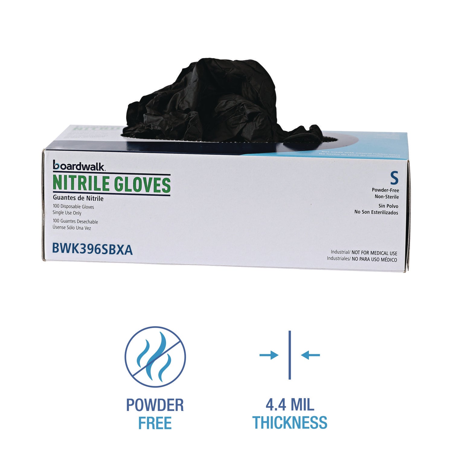 Disposable General-Purpose Powder-Free Nitrile Gloves, Small, Black, 4.4 mil, 100/Box
