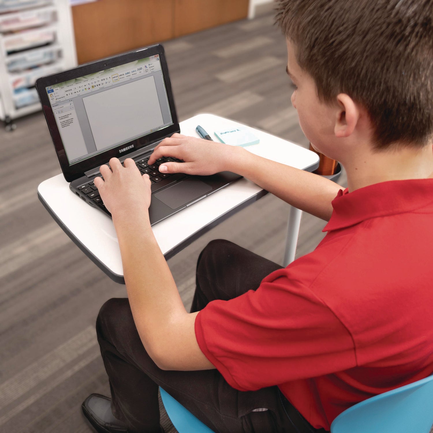 Classroom Series All-In-One Student Desk And Chair, Supports Up To 330 Lb, 19" Seat Height, Blue Seat/Back, Gray Base