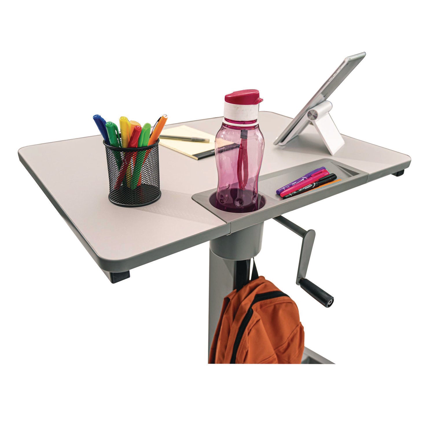 Sit Stand Student Desk With Crank Handle, 27.5 X 19.5 X 26.25 To 42, White/Gray