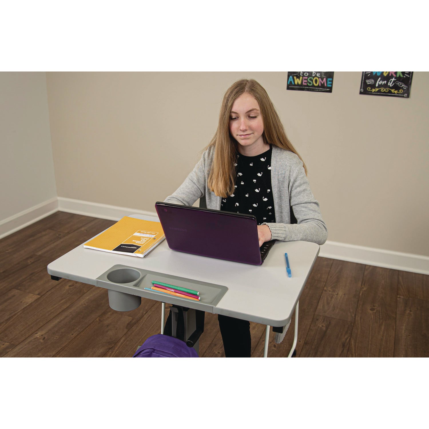 Sit Stand Student Desk With Crank Handle, 27.5 X 19.5 X 26.25 To 42, White/Gray