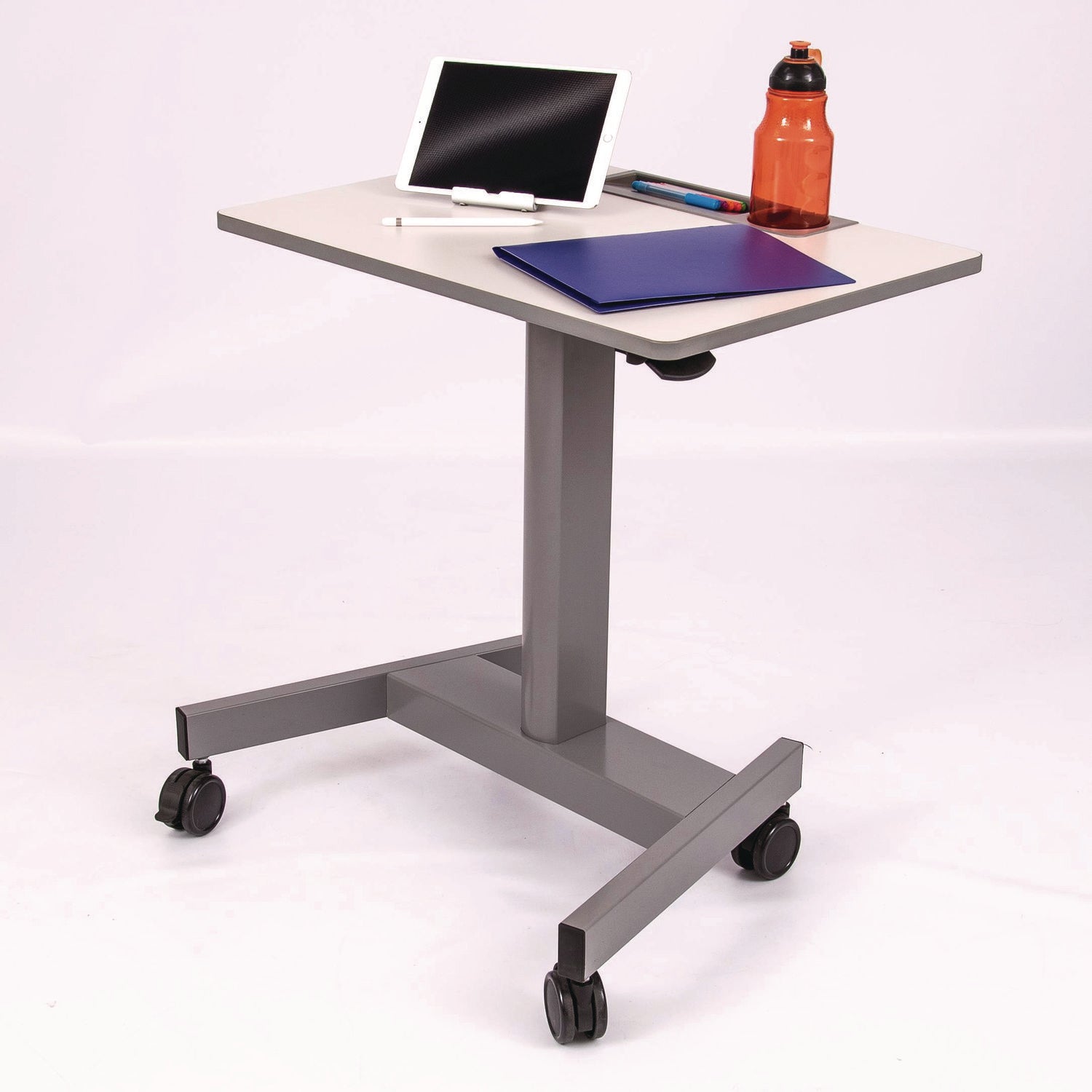 Pneumatic Sit Stand Desk, 27.5 X 19.5 X 26.25 To 42, White/Gray