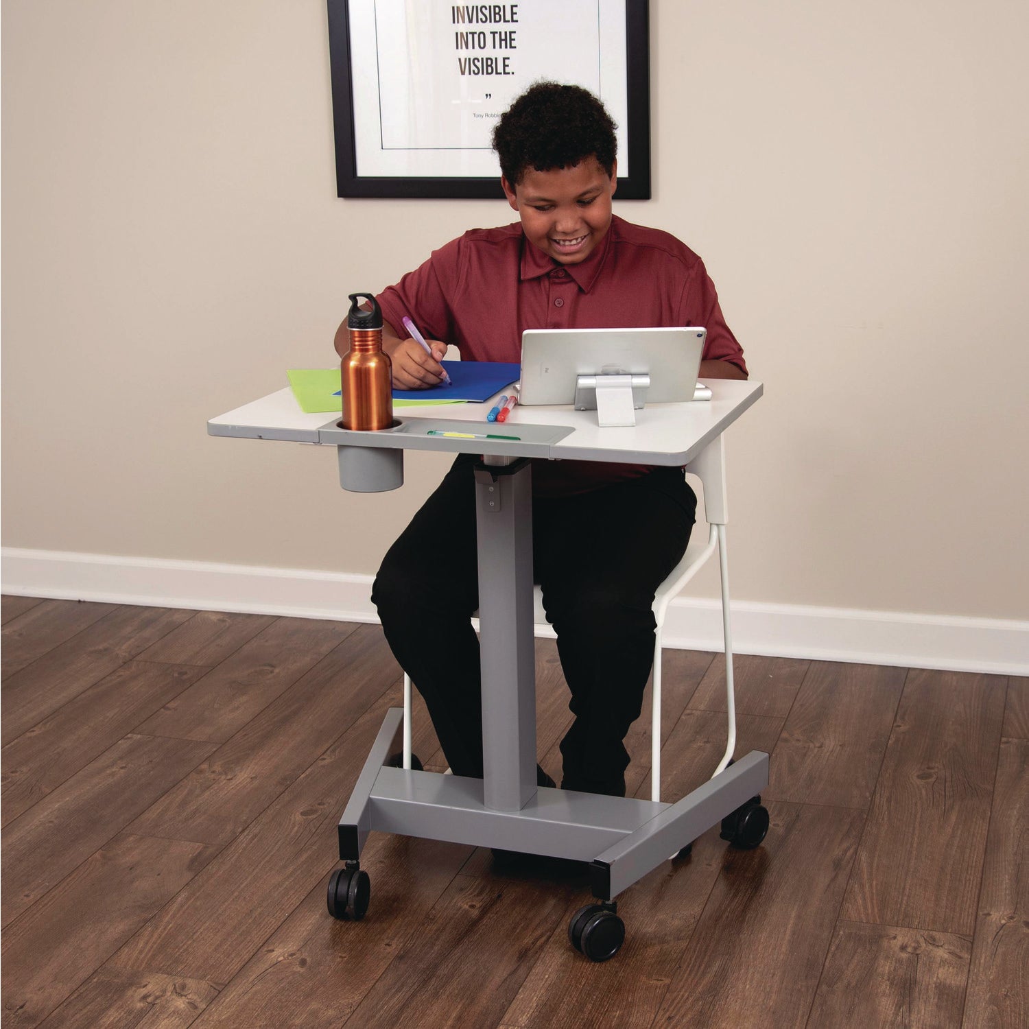 Pneumatic Sit Stand Desk, 27.5 X 19.5 X 26.25 To 42, White/Gray