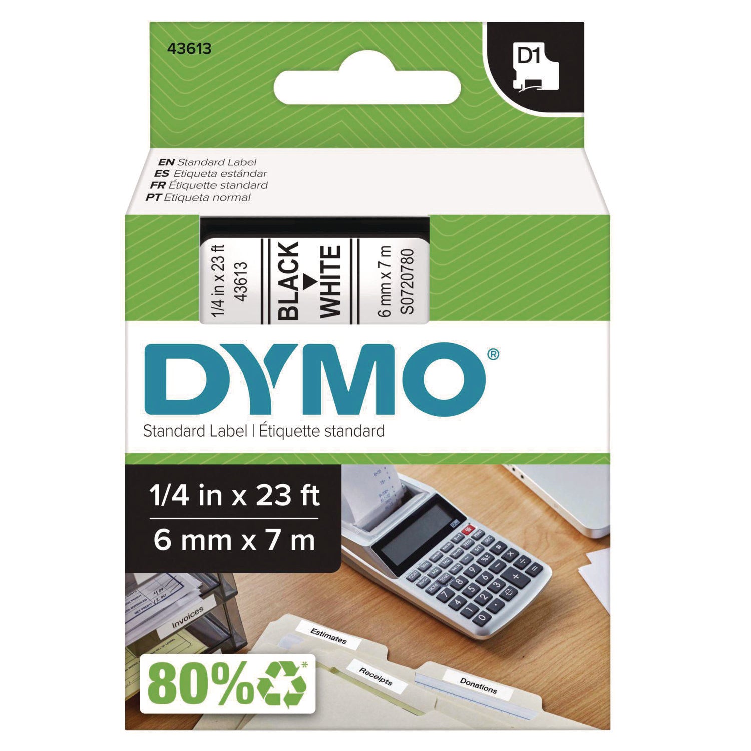 D1 High-Performance Polyester Removable Label Tape, 0.25" X 23 Ft, Black On White