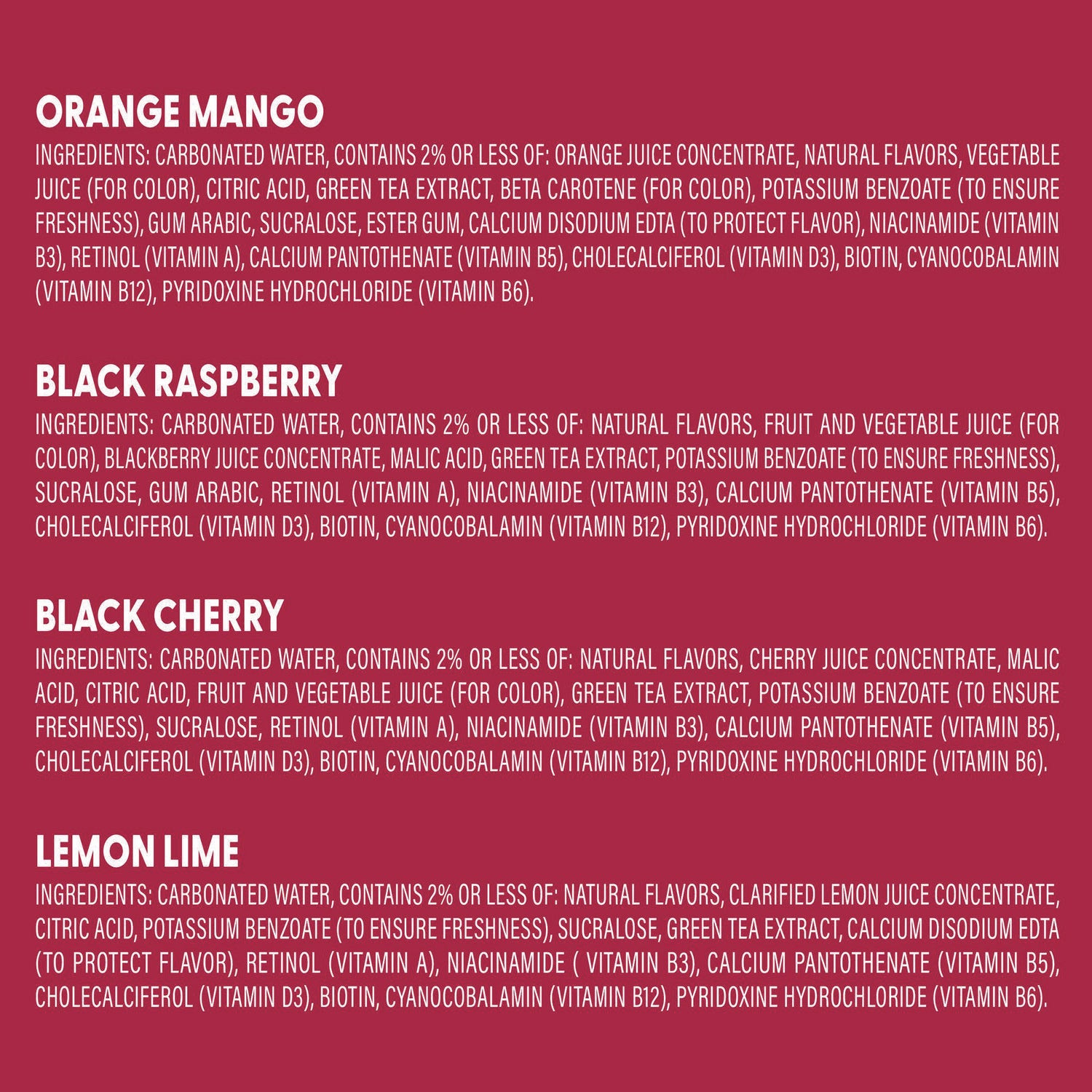 Black Cherry, Lemon Lime, Orange Mango, Raspberry - 1 / Carton