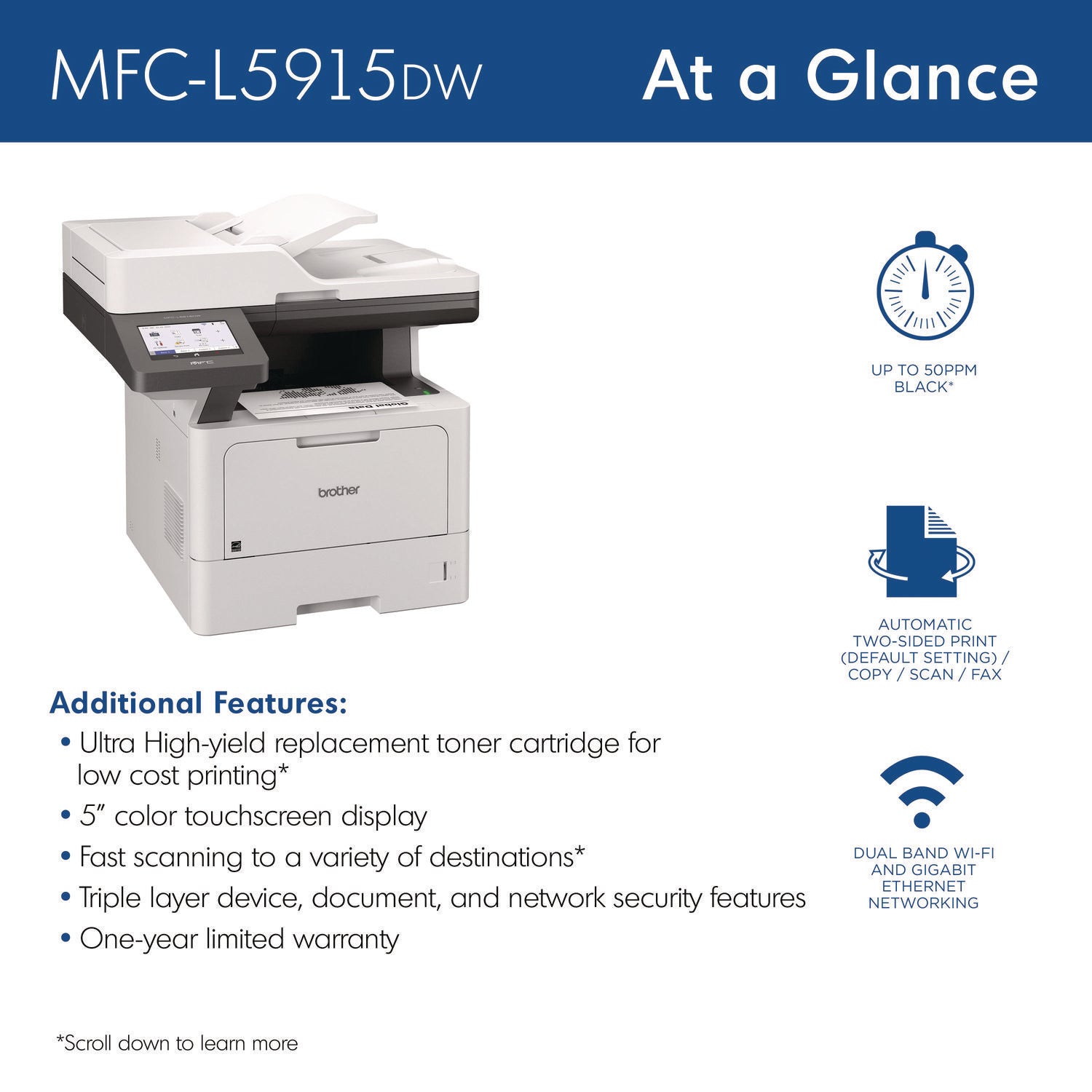 MFC-L5915DW Business Monochrome AIO Laser Printer, Copy/Fax/Print/Scan