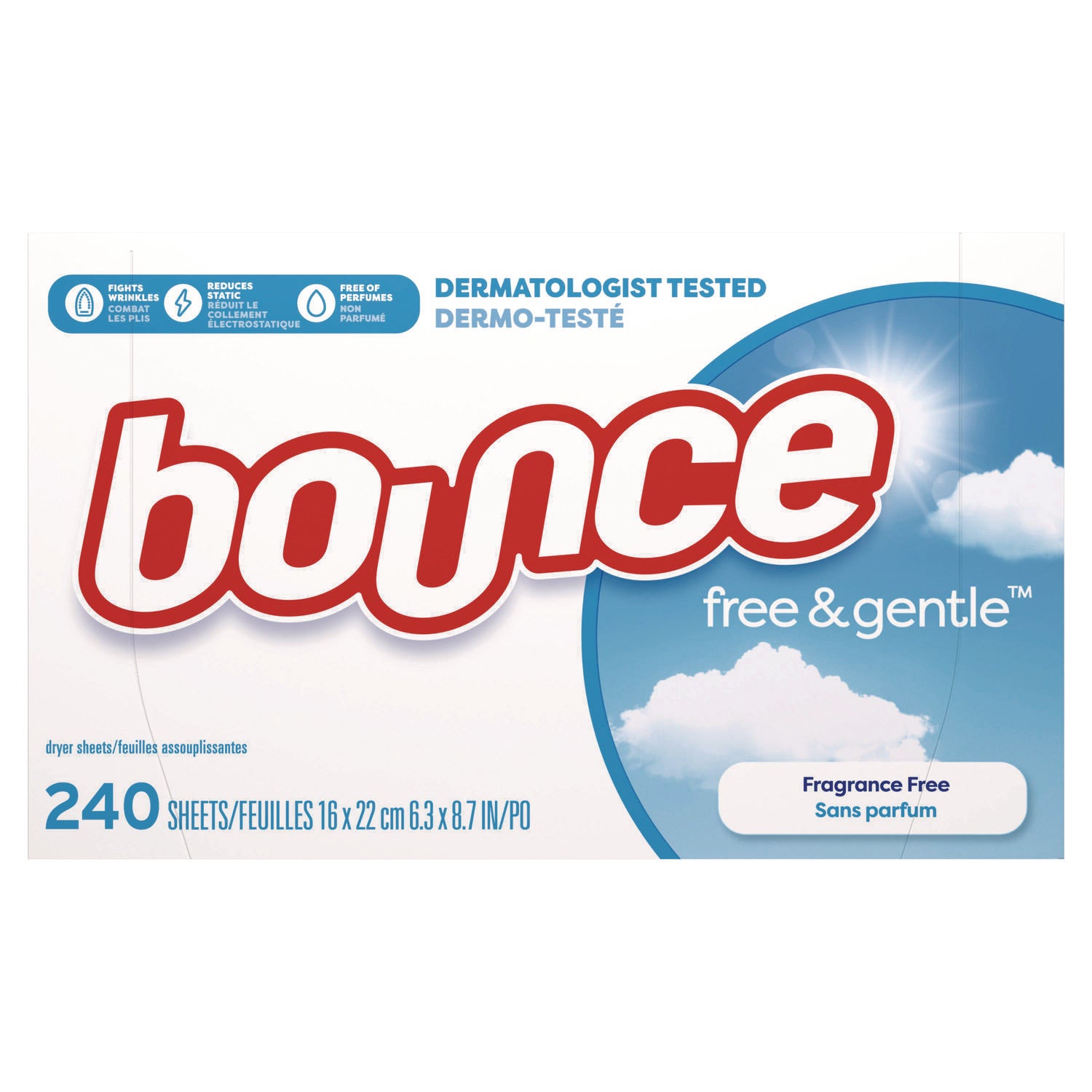 Bounce Free & Gentle Dryer Sheets - 9" Length x 6.04" Width - Dye-free, Scent-free, Wrinkle-free, Hypoallergenic, Soft - White - 240 / Box