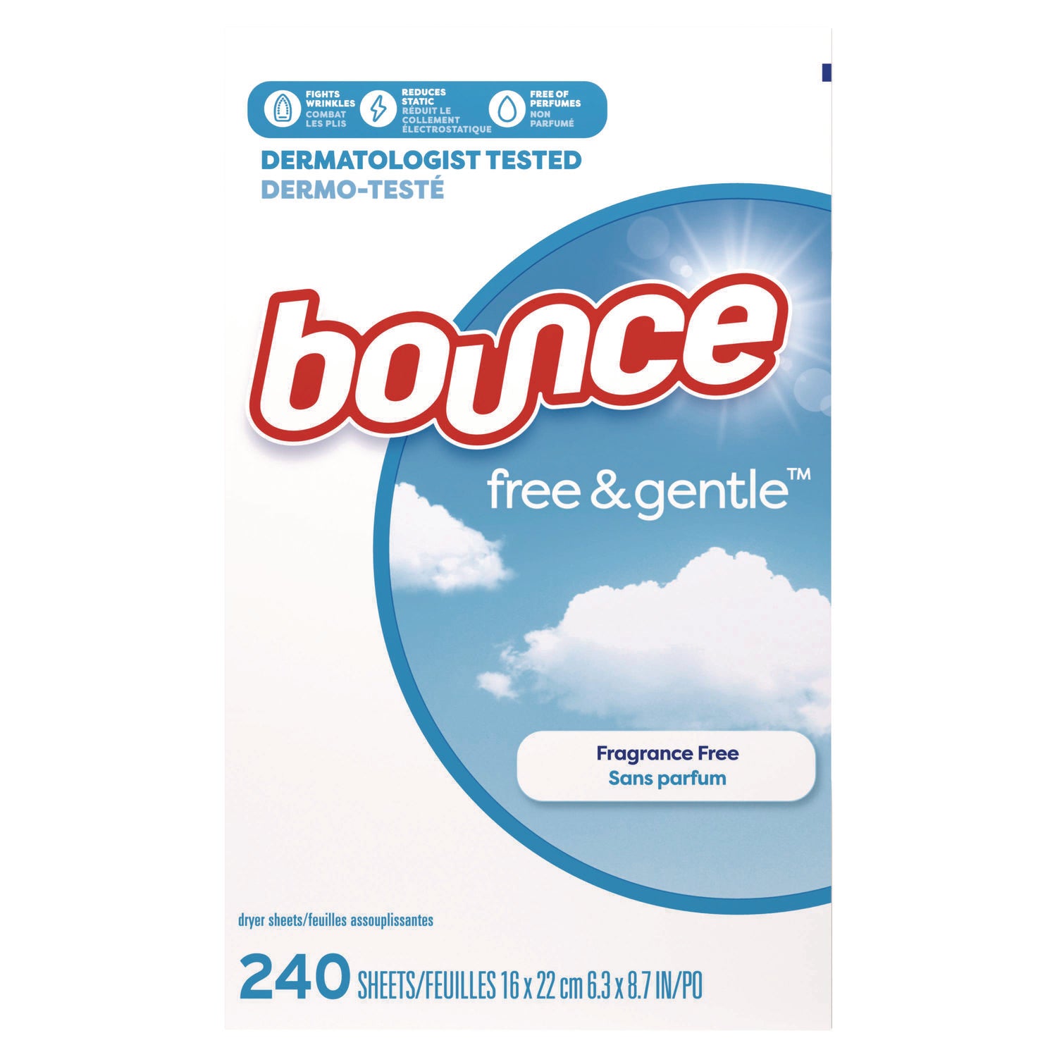 Bounce Free & Gentle Dryer Sheets - 9" Length x 6.04" Width - Dye-free, Scent-free, Wrinkle-free, Hypoallergenic, Soft - White - 240 / Box