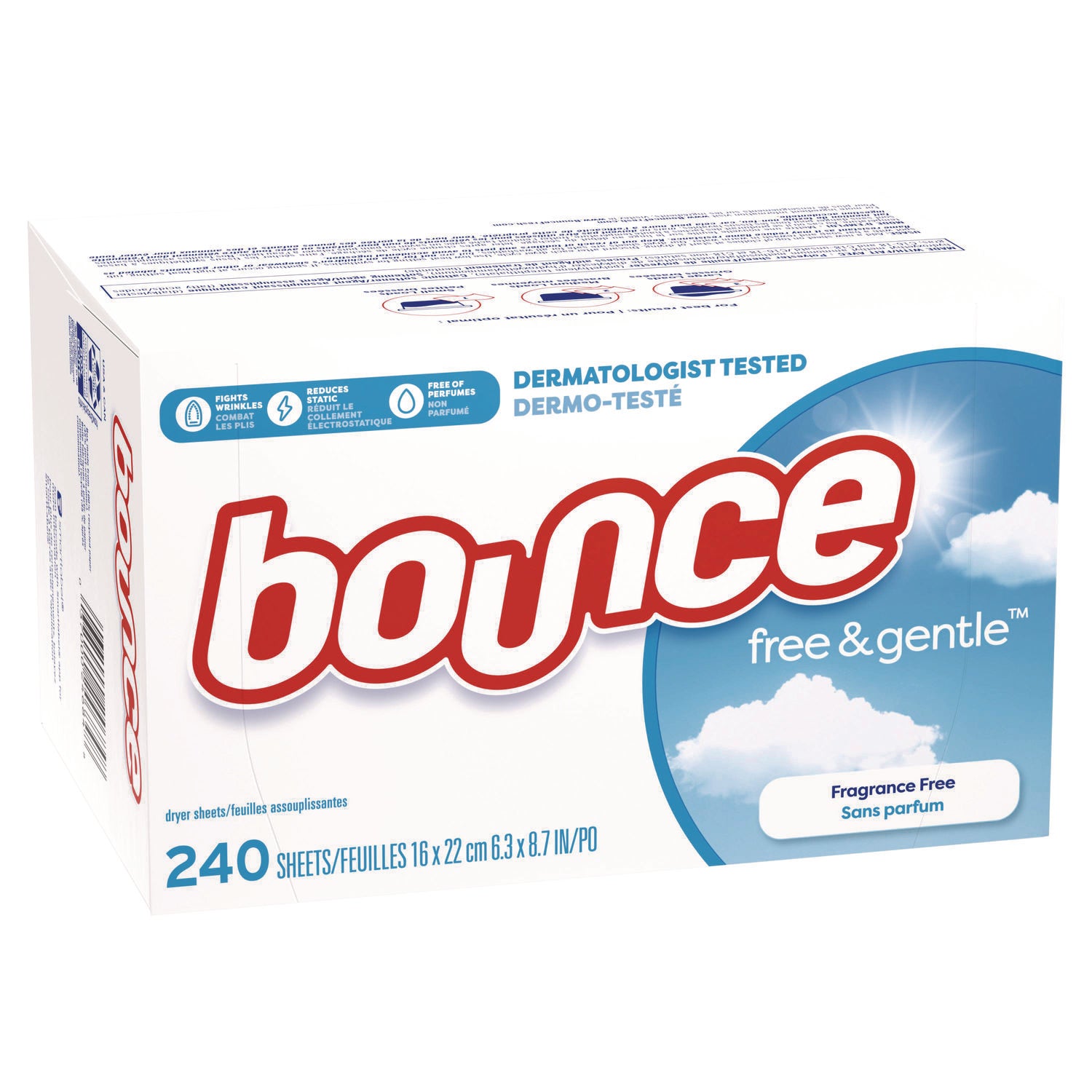 Bounce Free & Gentle Dryer Sheets - 9" Length x 6.04" Width - Dye-free, Scent-free, Wrinkle-free, Hypoallergenic, Soft - White - 240 / Box