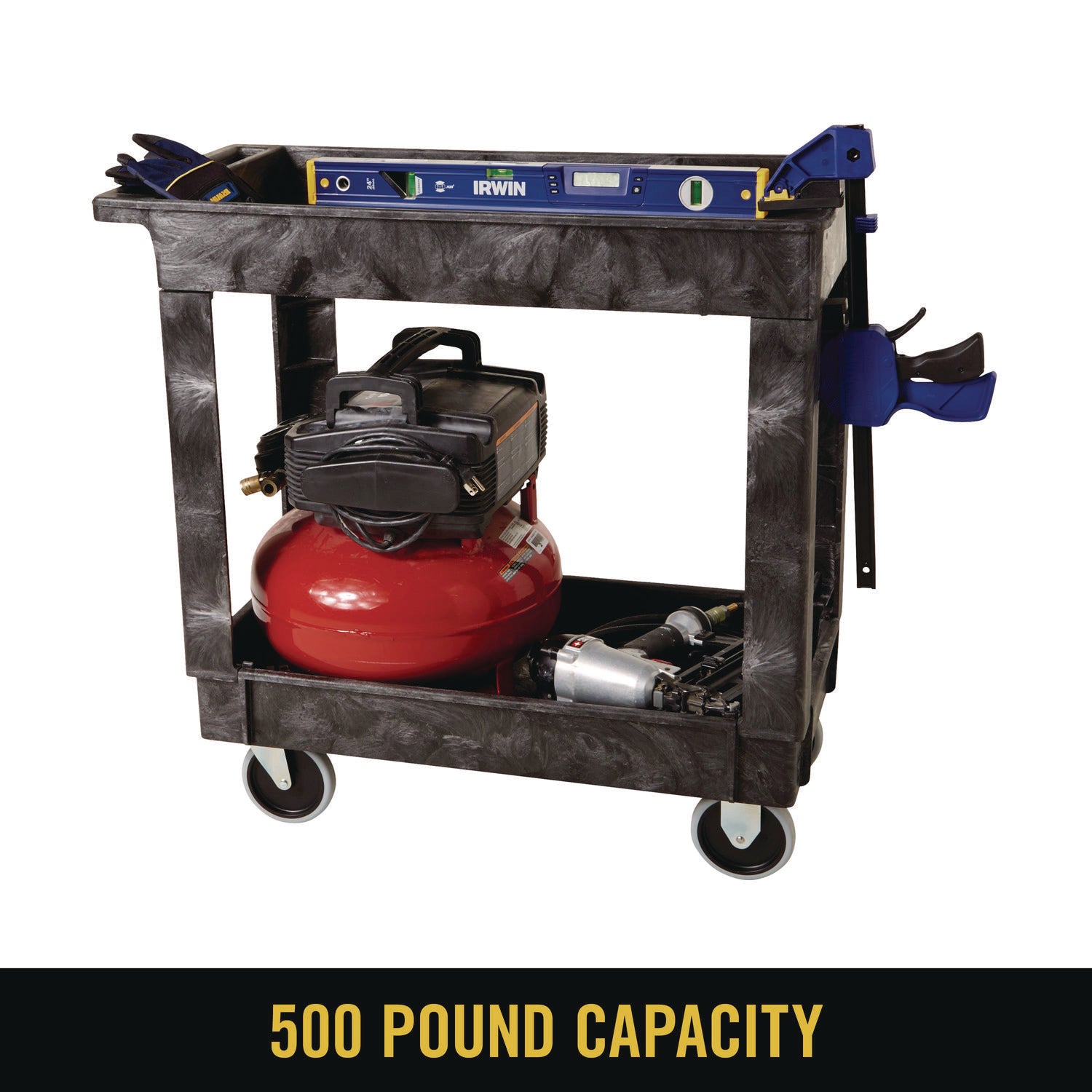 2 Shelf - 500 lb Load Capacity - 4 Casters - 5" Caster Size - 34.25" Length x 17.37" Width x 31.50" Height - Black - 1 Each