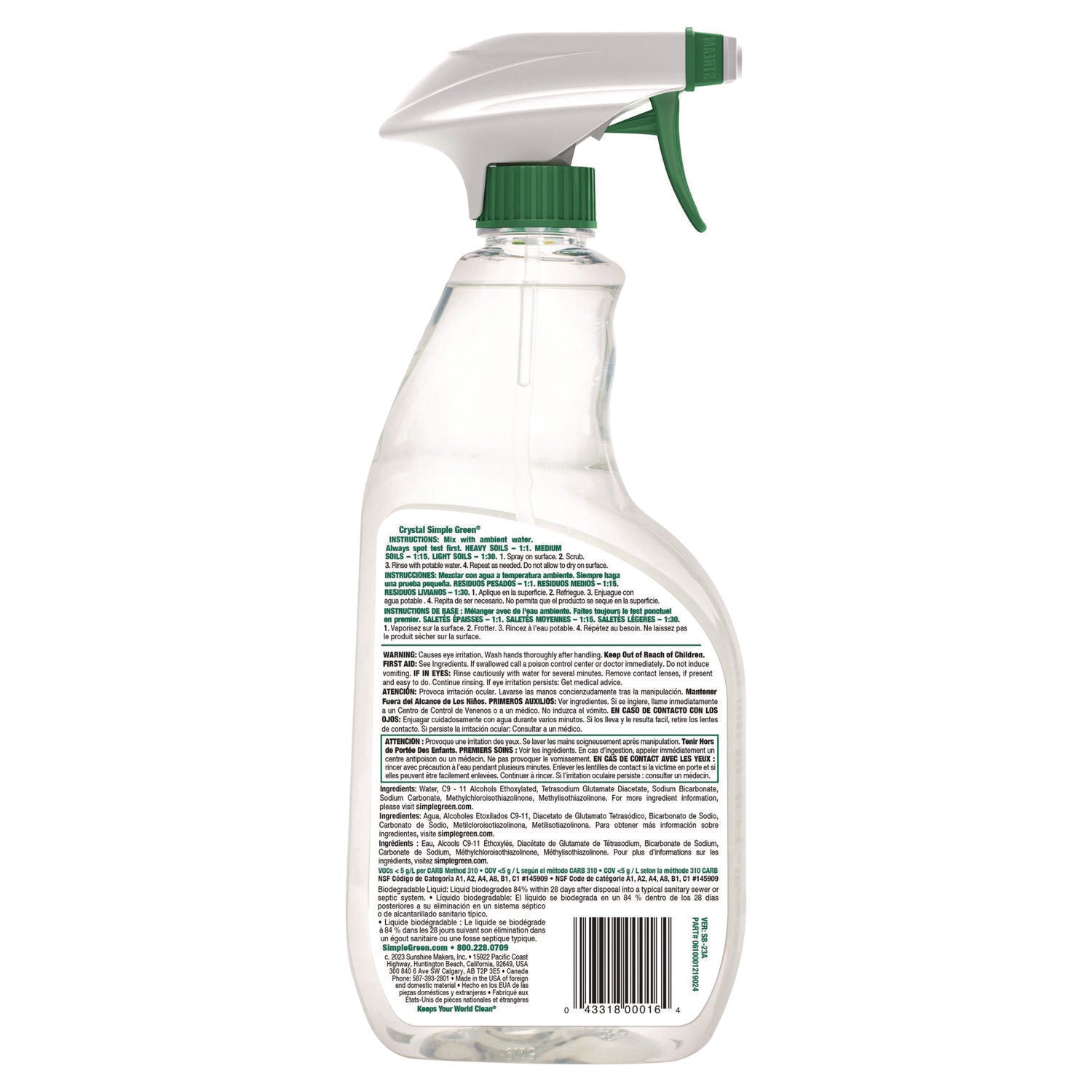 Simple Green Crystal Industrial Cleaner/Degreaser - For Multipurpose - Concentrate - Spray - 24 fl oz (0.8 quart) - Non-flammable, Color-free, Fragrance-free - Clear - 12 / Carton