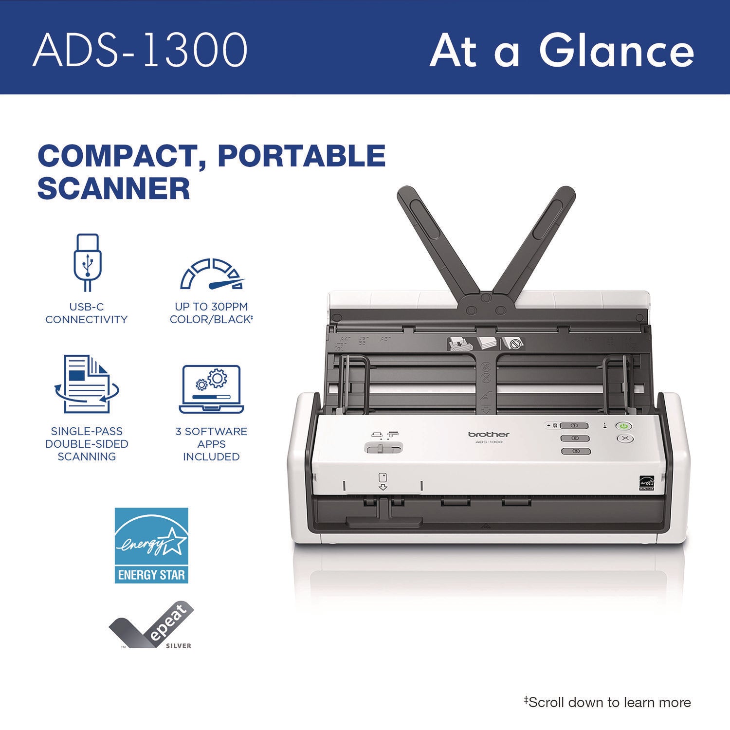 ADS-1300 Compact Desktop Scanner, 600 dpi x 600 dpi Optical Resolution, 20-Sheet Duplex Auto Document Feeder