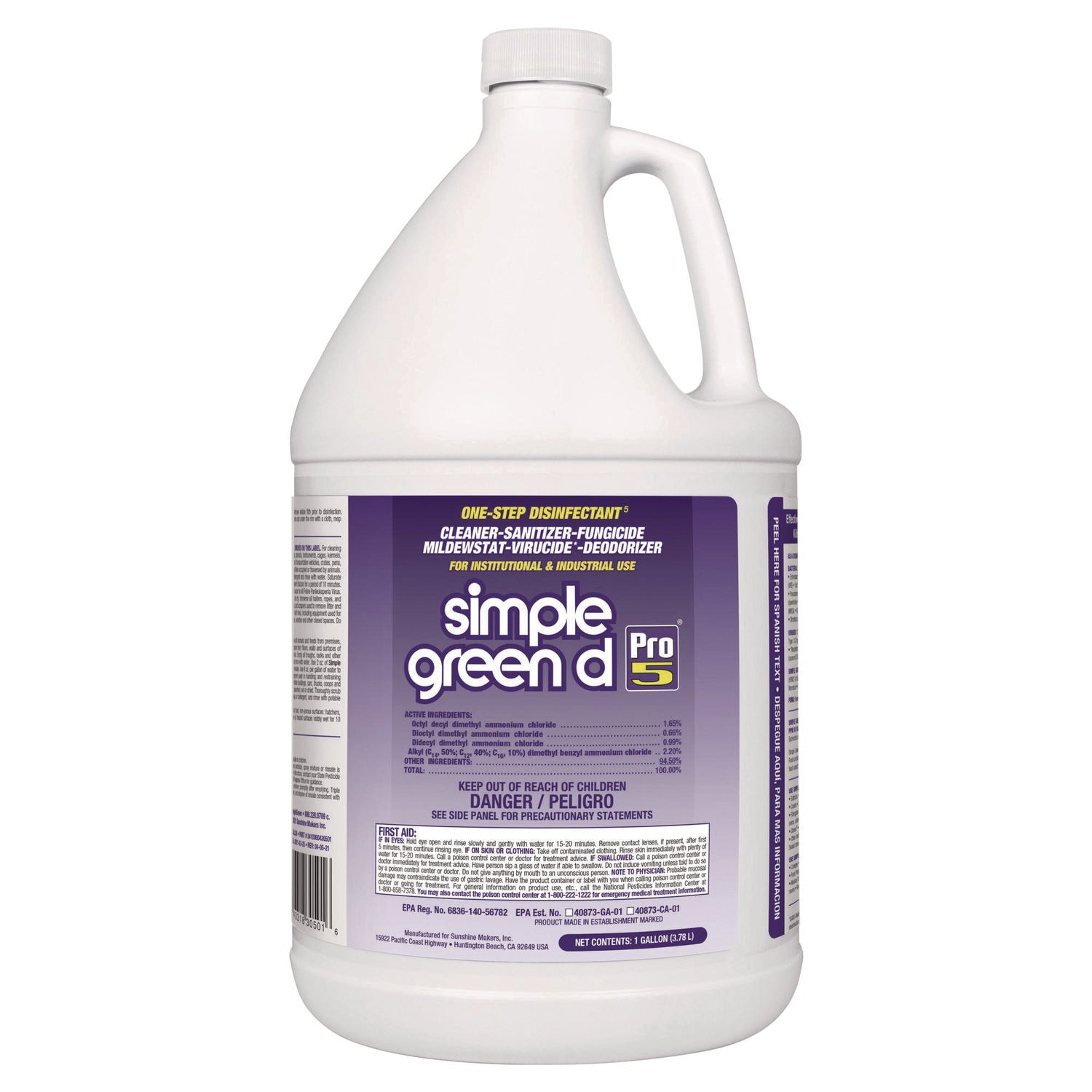 Simple Green D Pro 5 One-Step Disinfectant - Concentrate - 128 fl oz (4 quart) - Disinfectant, Unscented, Dye-free - Clear - 1 Each