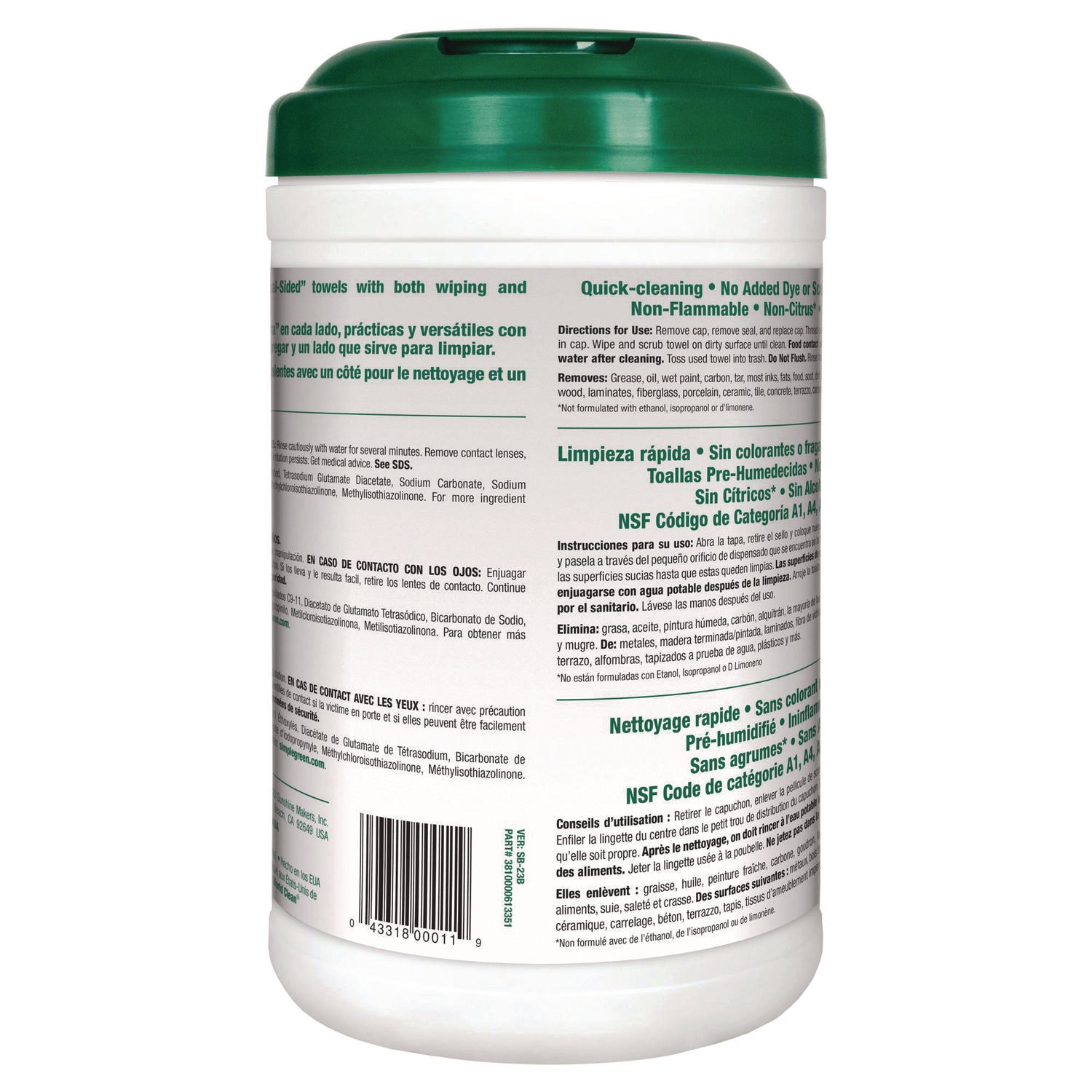 Simple Green Multi-Purpose Cleaning Safety Towels - 10" Width x 11.75" Length - Green - 75/Tub - 1 Each