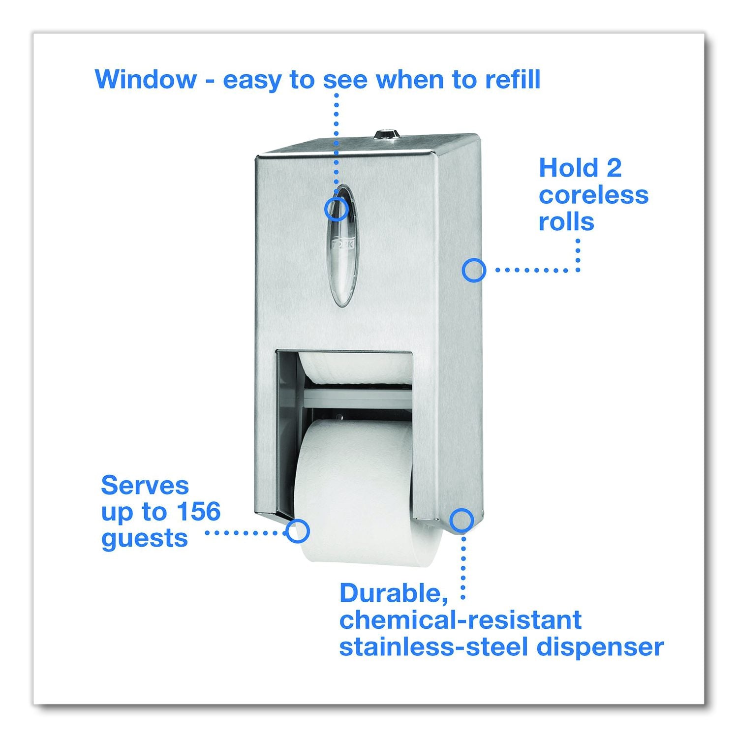Optiserve Stainless Steel Two-Roll Coreless Toilet Paper Dispenser, 5.87 X 5.63 X 12.8, Stainless Steel