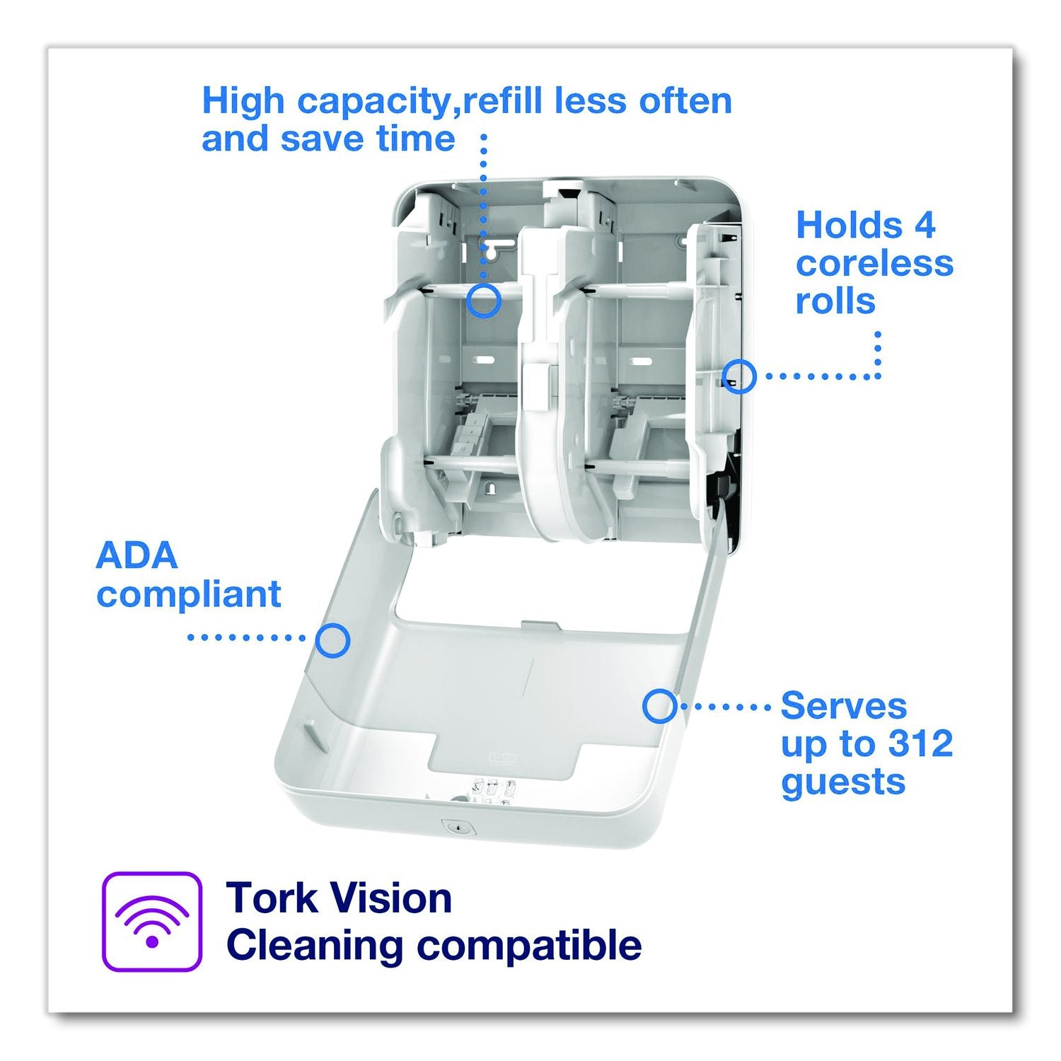 Optiserve Four-Roll Coreless Toilet Paper Dispenser, 12.6 X 6.85 X 12.71, White
