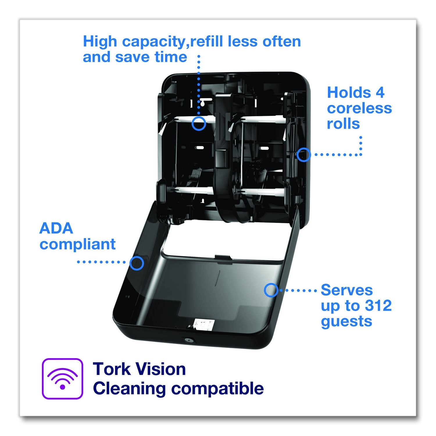 Optiserve Four-Roll Coreless Toilet Paper Dispenser, 12.6 X 6.85 X 12.71, Black